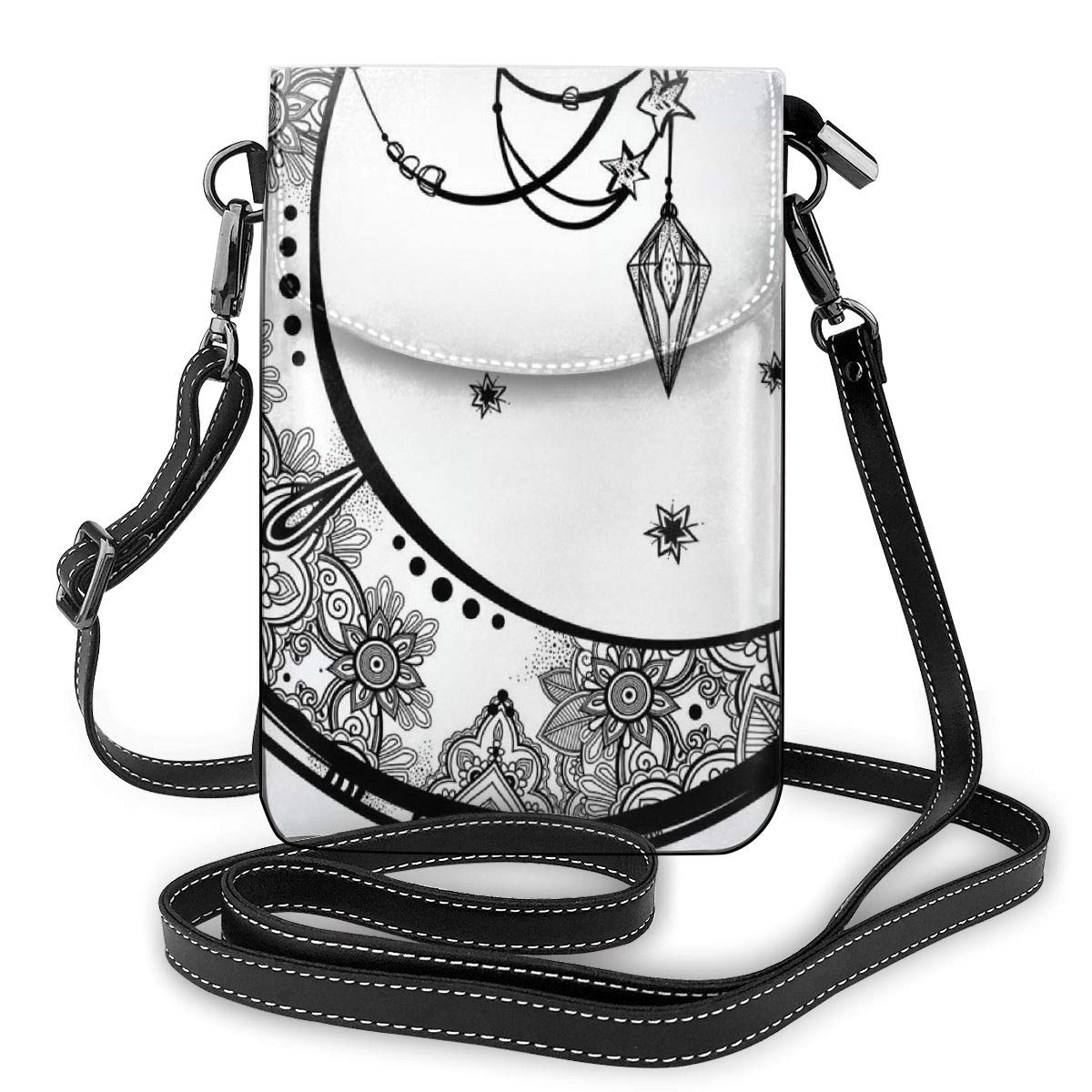 Women Small Cell Phone Purse Crossbody,Paisley Floral Moon Crescent Gem Figures Ethnic Astrology Inspired Design Print