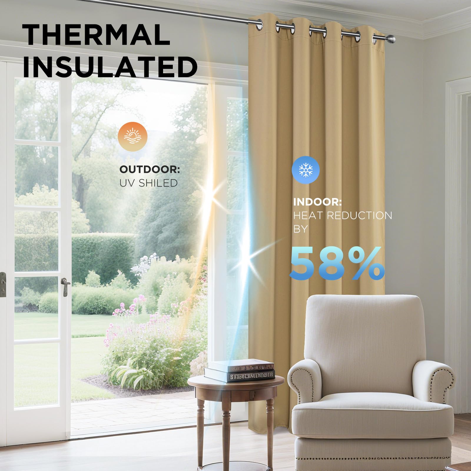 Joydeco Blackout Curtains for Bedroom 55 x 68 Inch, Eyelet Thermal Insulated Energy-saving Drapes for Room Darkening Light Filtering, Long Window Treatments 68 Inch Drop, 2 Panels - Beige - Image 3