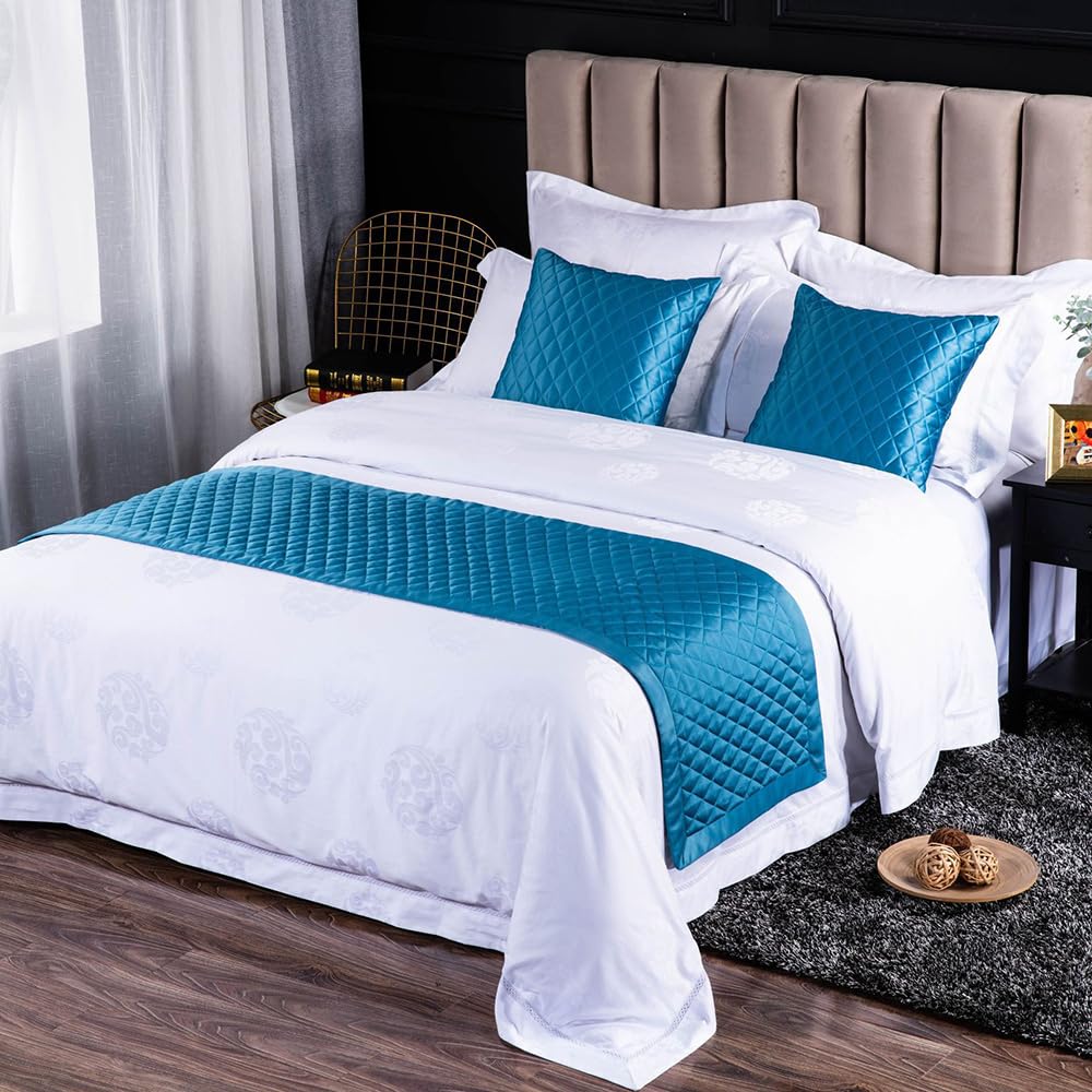 QRGMKL New Solid Color Bed Runners Soft Skin-friendly Bed Scarves High-precision Geometric jacquard Bedding Protector Bedspread for Home Bedroom Hotel-Blue C||240X50cm for 1.8m Bed