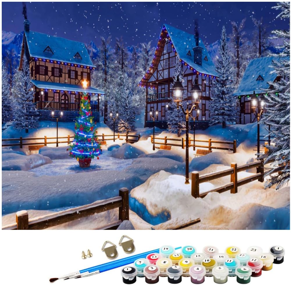 Peinture Par Numéros Adulte - Scène De Neige Avec Sapin De Noël - Toile 40x50 Cm Avec Cadre - Kit Complet