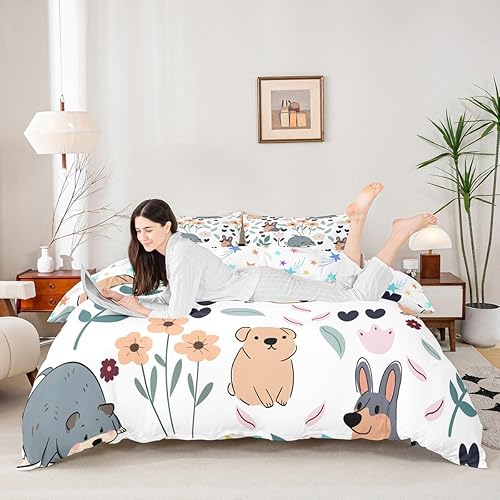 Miniatura 4 de Feelyou Funda de edredón de perro de dibujos animados, juego de ropa de cama para niños y niñas, perros y flores, funda de edredón con plantas