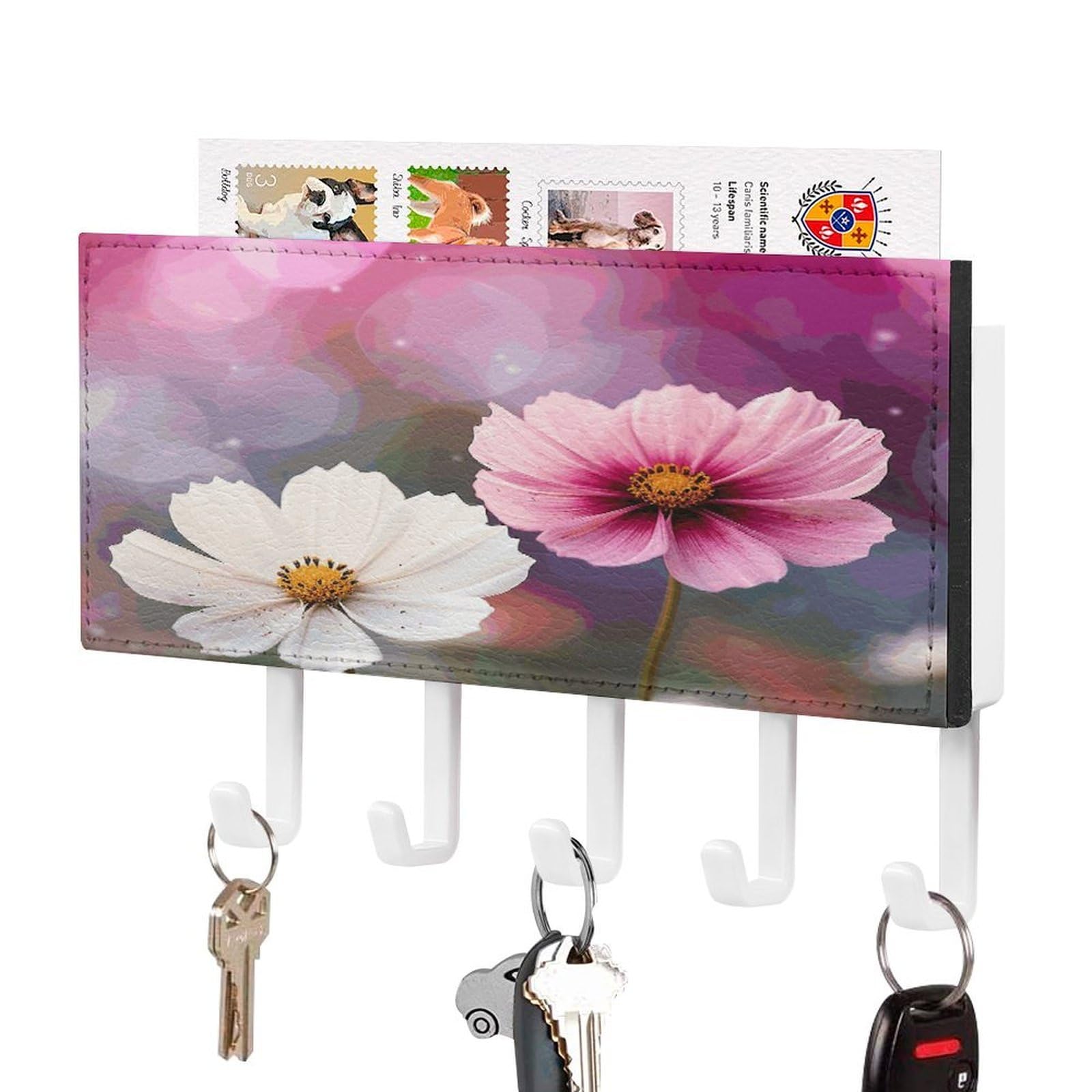 FekiLoot Two Peach Flowers Key Holder Wall Mount Key Hooks for Wall Decorative with 5 Hooks PU Mail Rack Organizer with Shelf for Entryway Mudroom Hallway Office 7.1X4.3 in