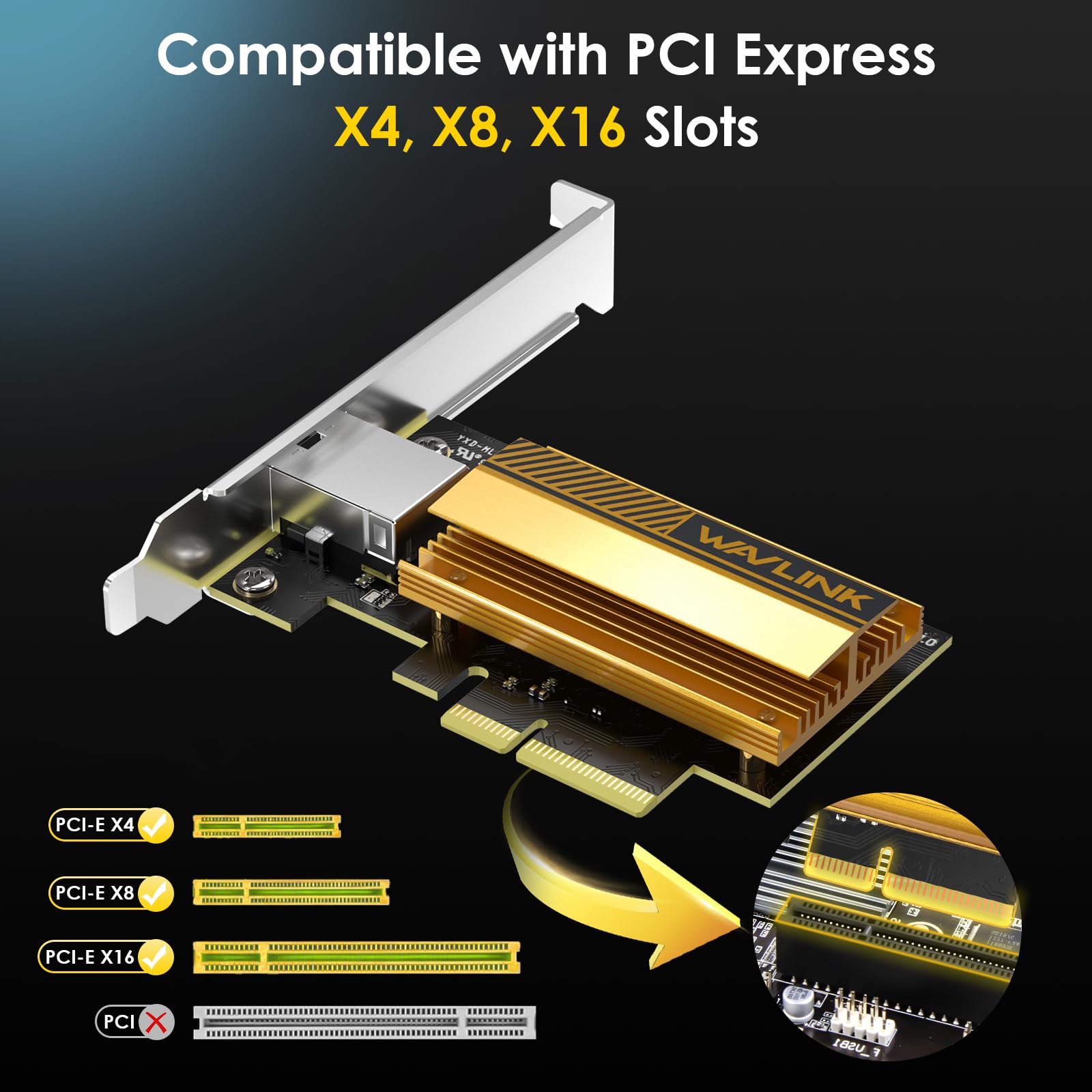 WAVLINK 10G Base-T PCIe Carte réseau, 10000/5000/2500Mbps PCI Express Ethernet Adapter avec contrôleur AQC113, 10G NIC pour Windows 11/10 & Linux avec Support Low Profile