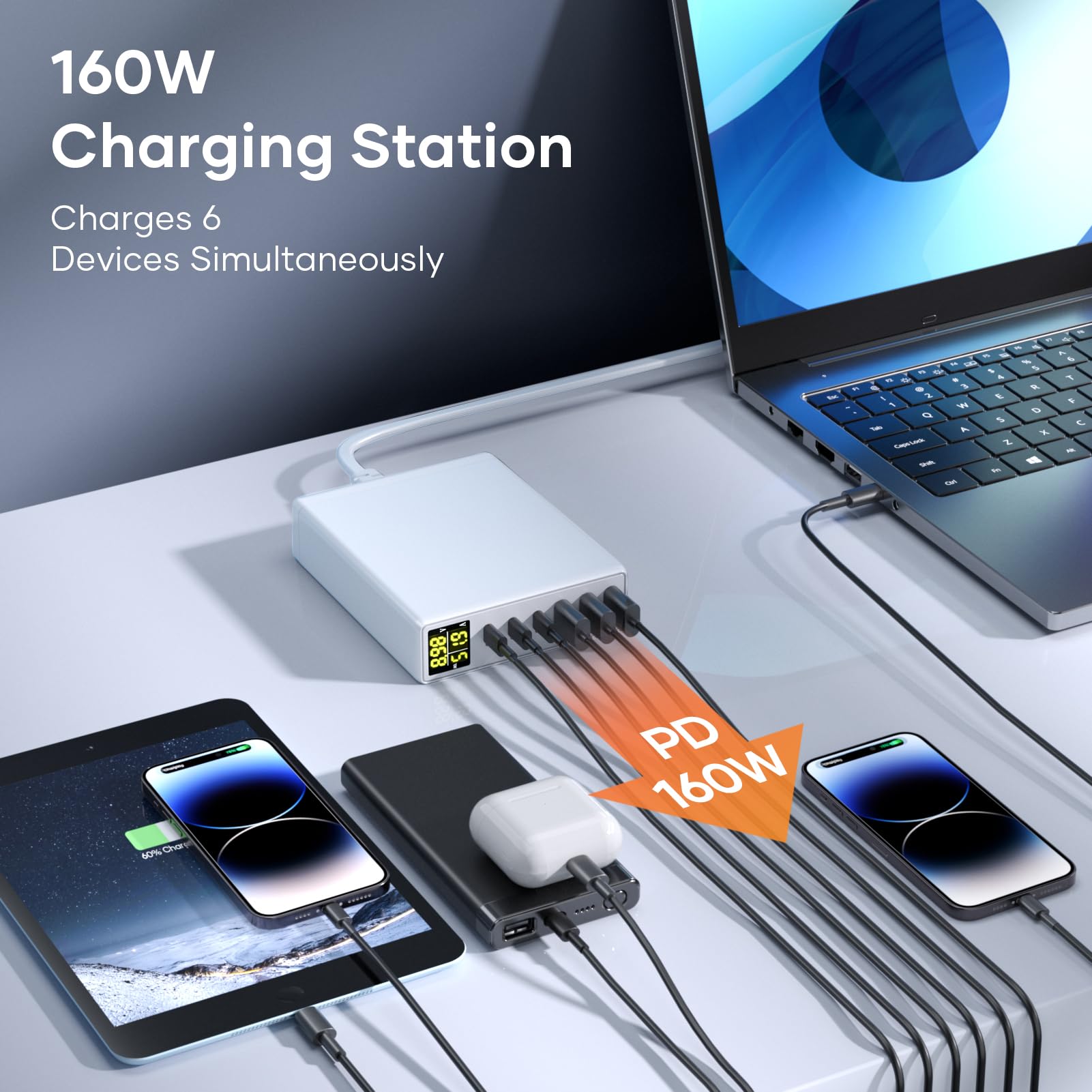 Caricatore USB C, 160W GaN 6-Port Caricabatterie Rapido con Display a LED, stazione di ricarica multipla mit 3 USB-C e 3 USB-A PPS PD 3.0 Charger für MacBook Pro Laptop iPhone iPad Samsung
