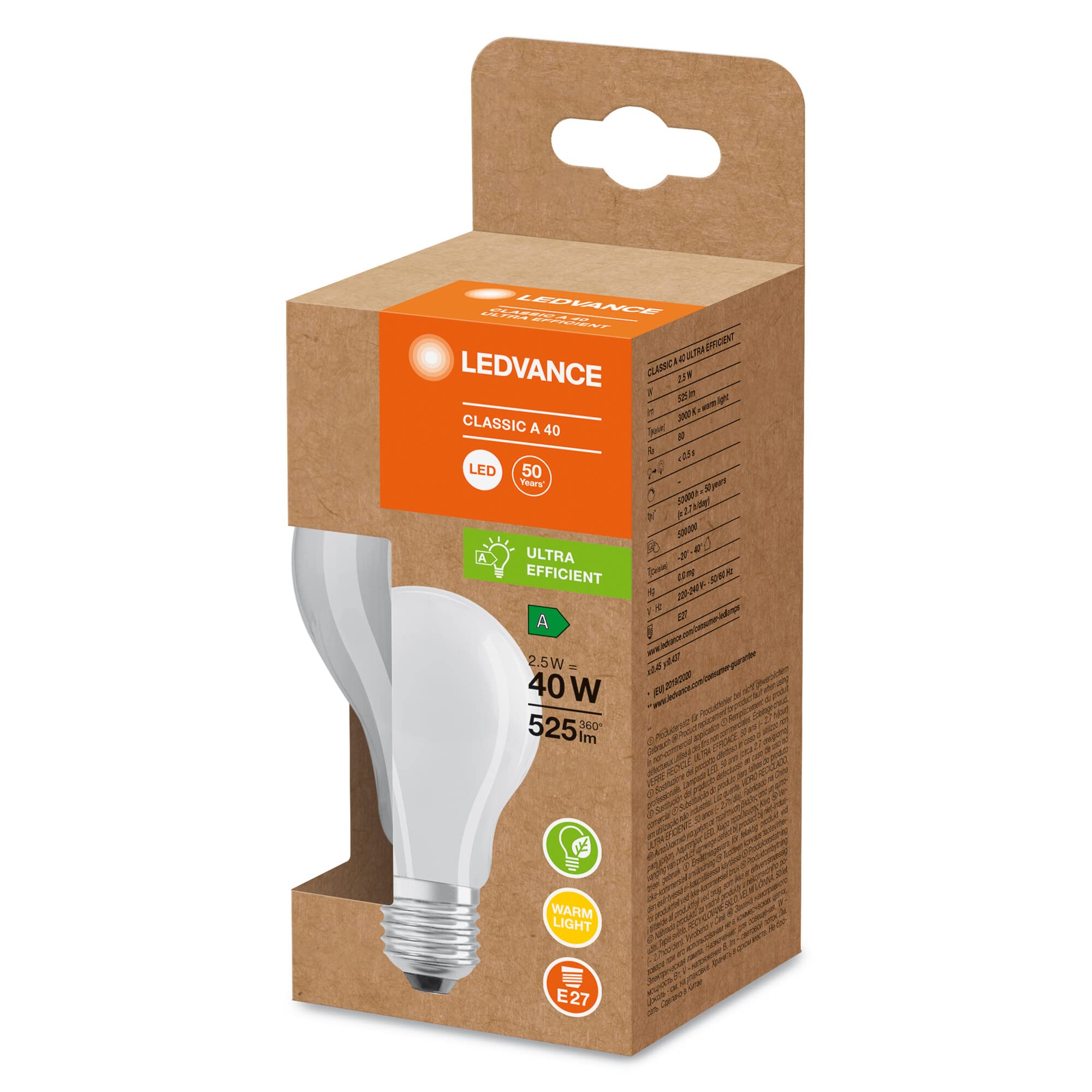 LEDVANCE LED Stromsparlampe, Matte Birne mit E27 Sockel, Warmweiß (3000K), 2,5 Watt, ersetzt herkömmliche 40W-Leuchtmittel, besonders hohe Energieeffizienz und stromsparend, 6er-Pack