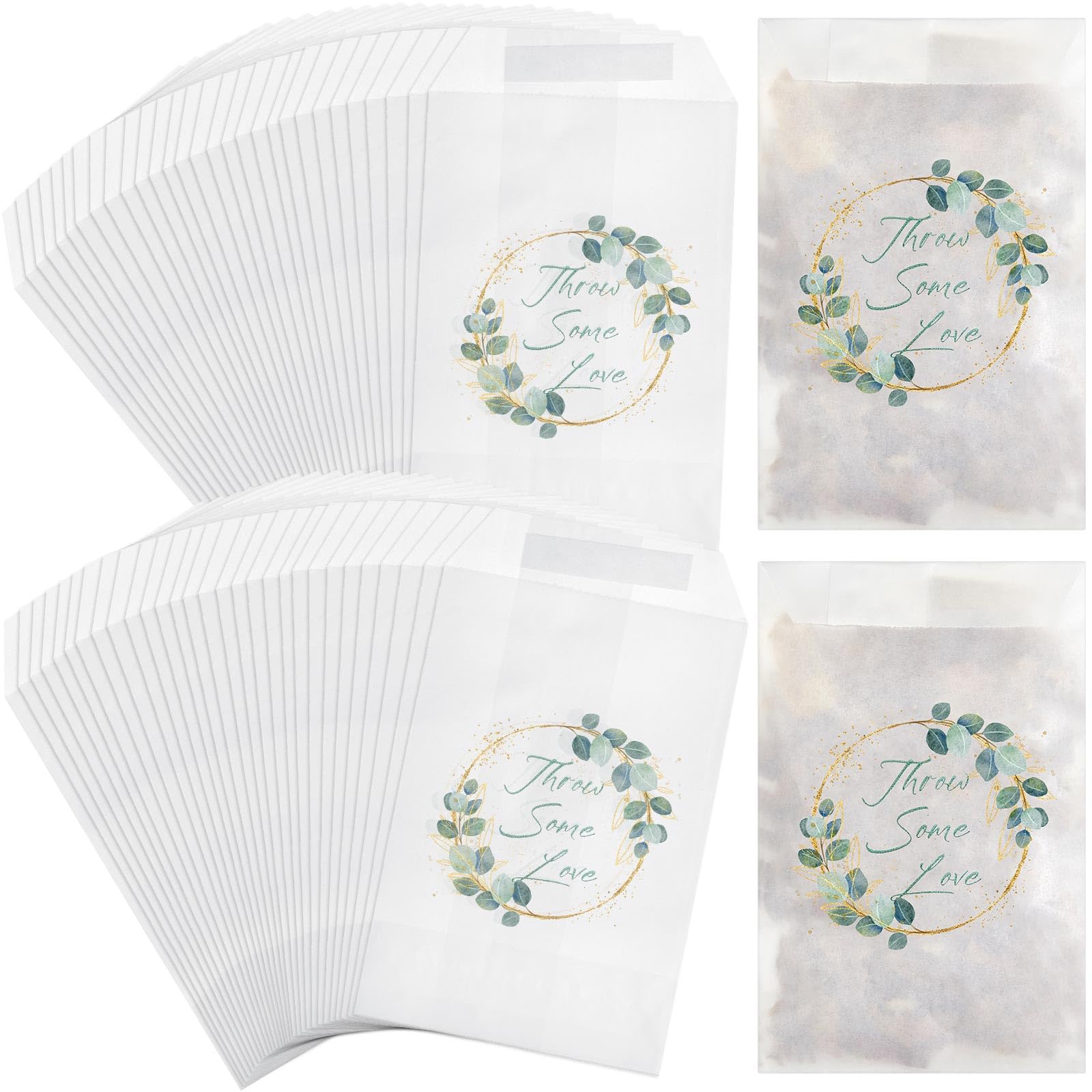 Clabby 50 Pcs Wedding Confetti Bags 105 x 70 mm Confetti Favor Hen Party Candy Bags Throw Some Love Paper Glassing Envelopes for Summer Wedding Baby Shower Bridal Shower(Green Leaf Style)