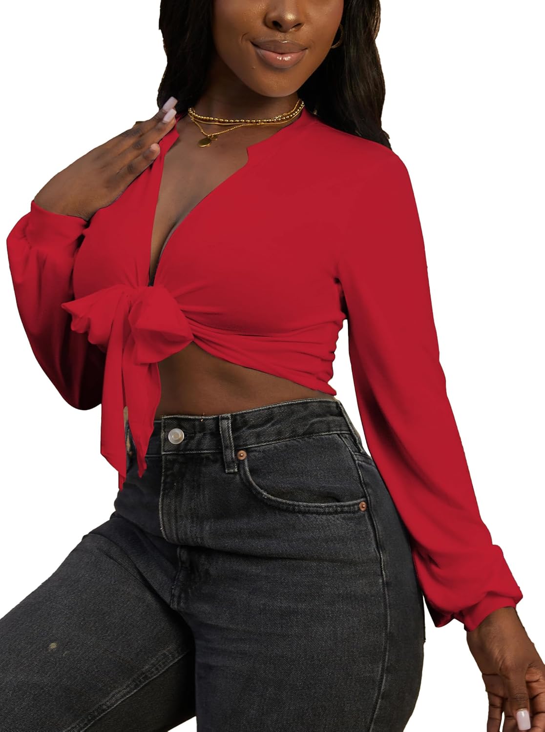 LovelyWholesale Women Tie Front Tops Sexy Cropped Long Sleeve Deep V Neck Shirt Clubwear - Image 4