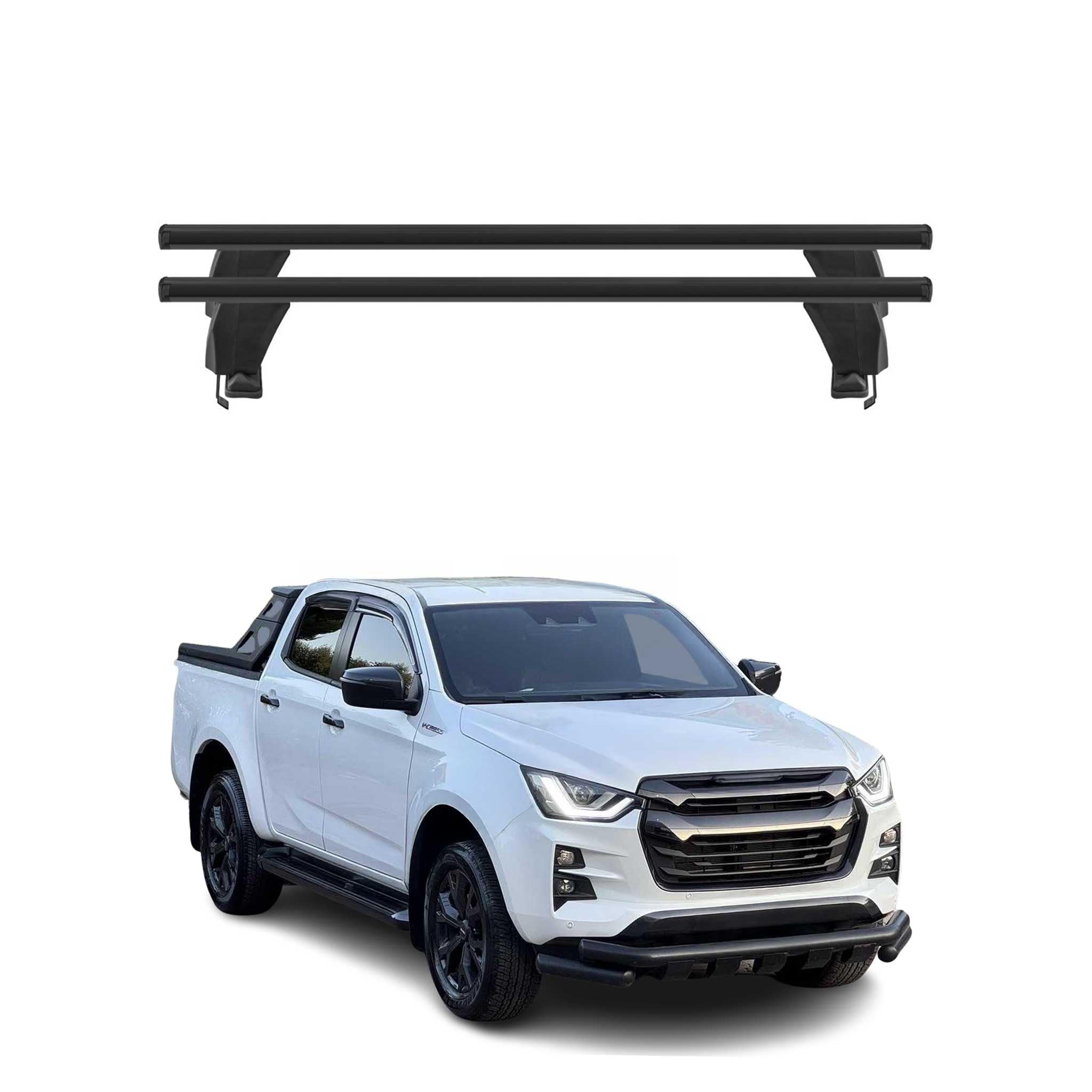 OMAC Poprzeczki aluminiowe do Isuzu D-Max III 2019-2026 – Zamykane – Rowek T – City Crash Tested – Nośność 50 kg Czarny