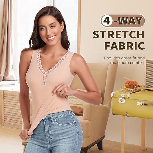 Miniatura 4 de WOWENY Camiseta sin mangas de forro polar térmico para mujer, cuello en V, camisola de encaje, capa base cálida, camisola, chaleco de camisola, ropa