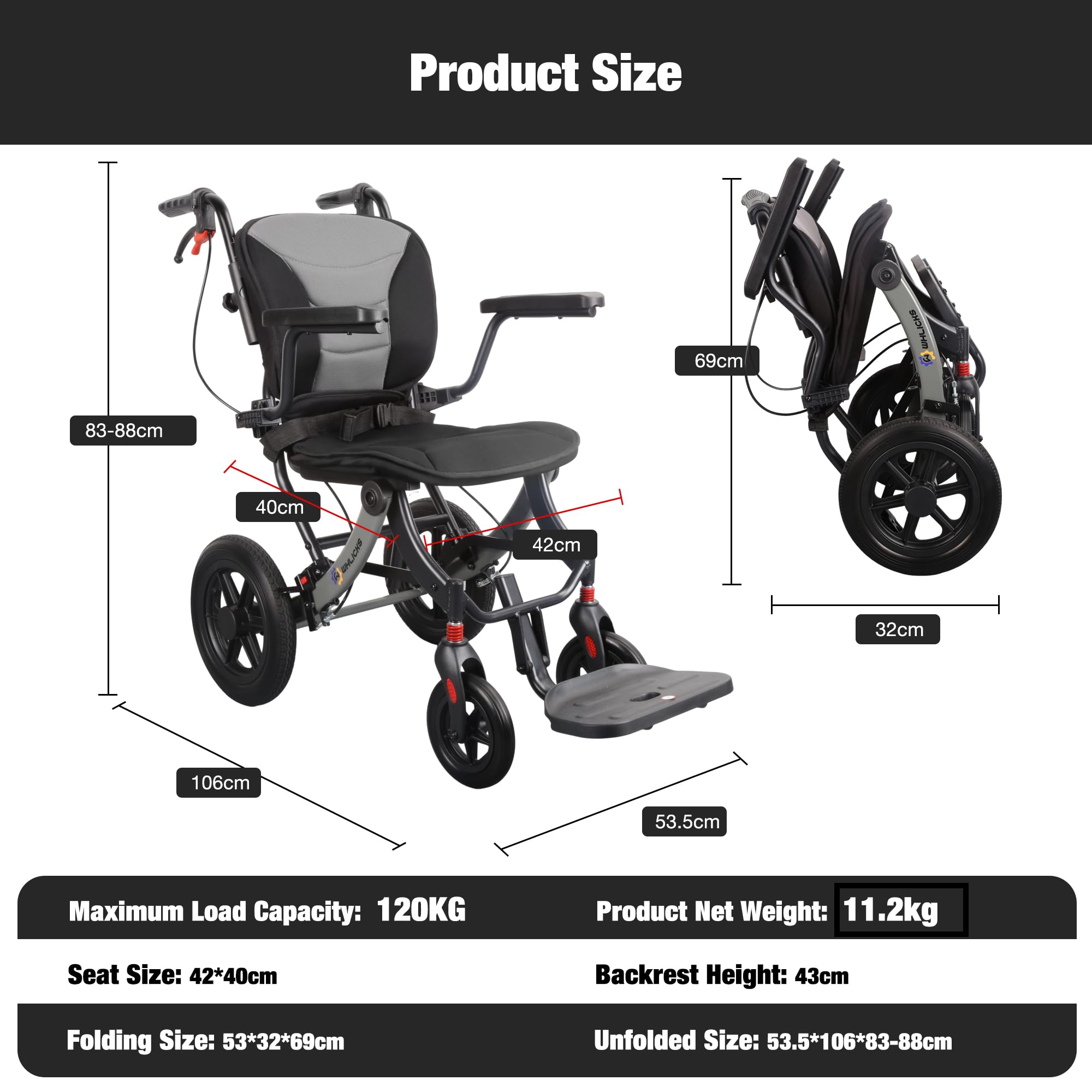 Sedia A Rotelle Pieghevole Leggera Per Adulti E Anziani, Sedia Da Viaggio Portatile Con Imbottitura Removibile E Ruote Da 12 Pollici, Sedia A Rotelle Ergonomica, Regolabile In Altezza
