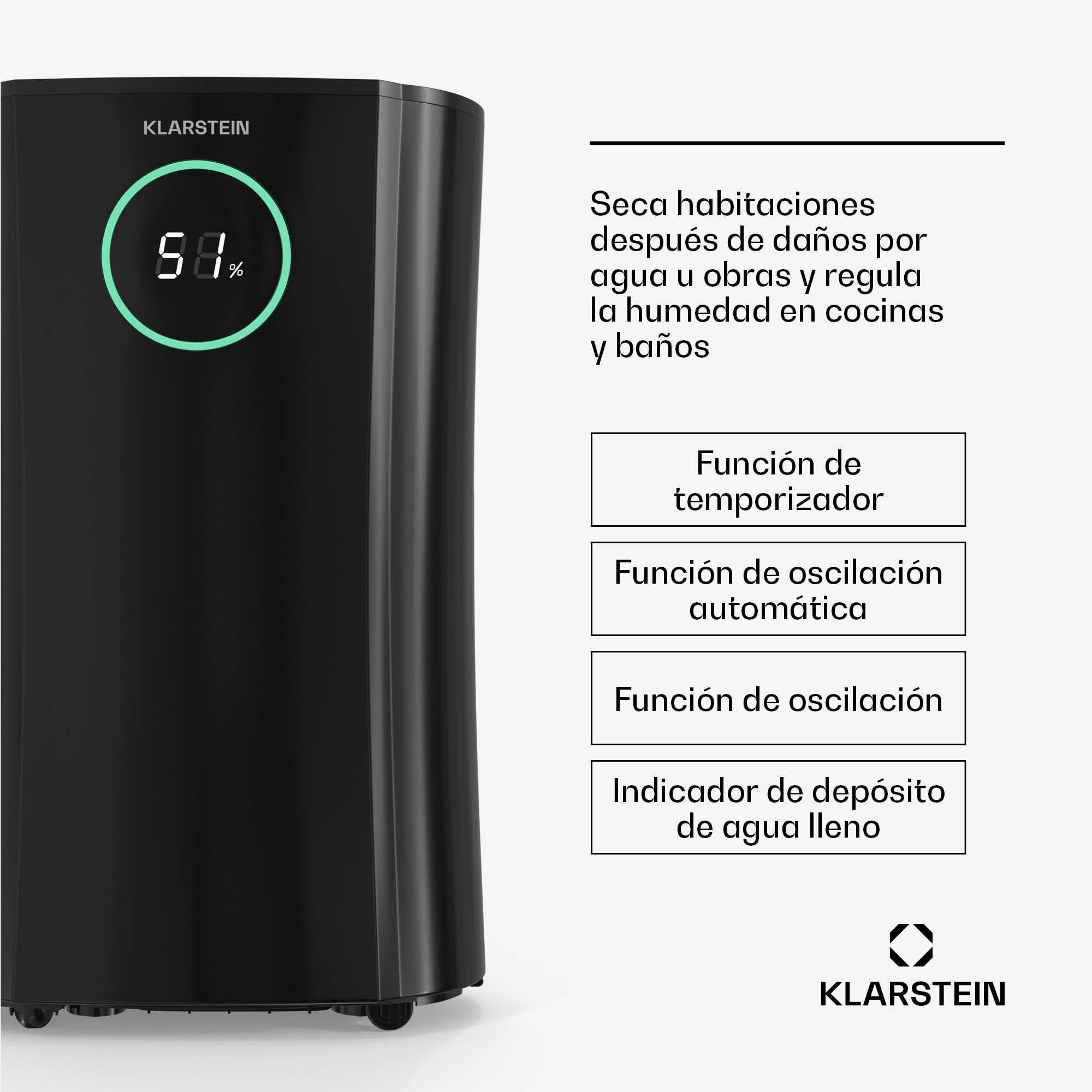 Klarstein DryFy ProConnect 24L Deshumidificador Smart, Wi-Fi, Silencioso, Bajo Consumo, Temporizador 24h, Filtro HEPA, Control de Humedad, Portátil para Hogar/Oficina, Habitaciones hasta 36m², Negro