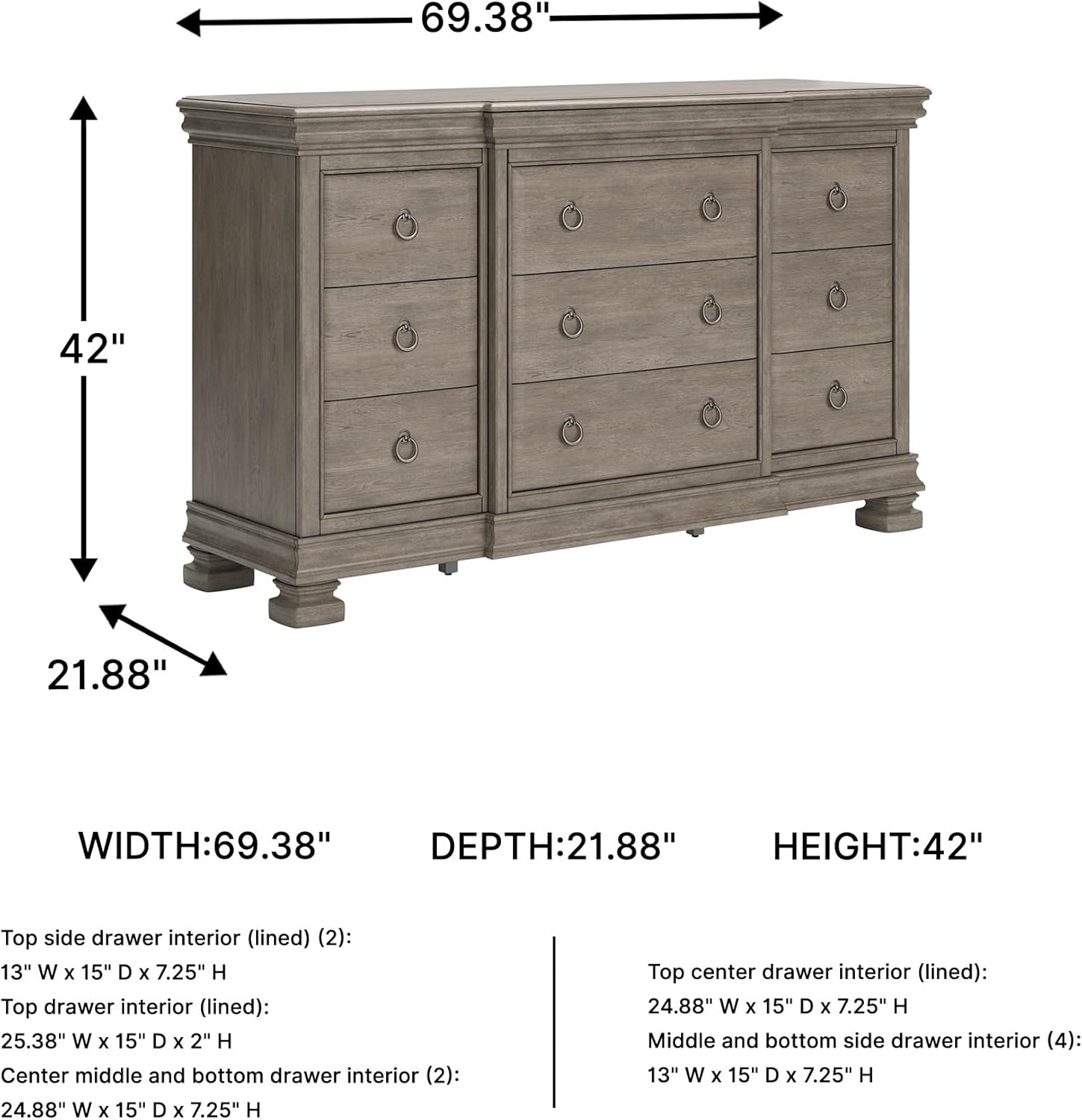 Signature Design by Ashley Lexorne Traditional 7 Drawer Dresser with 1 Jewelry Tray and Felt-lined Top Drawer for Bedroom, Gray