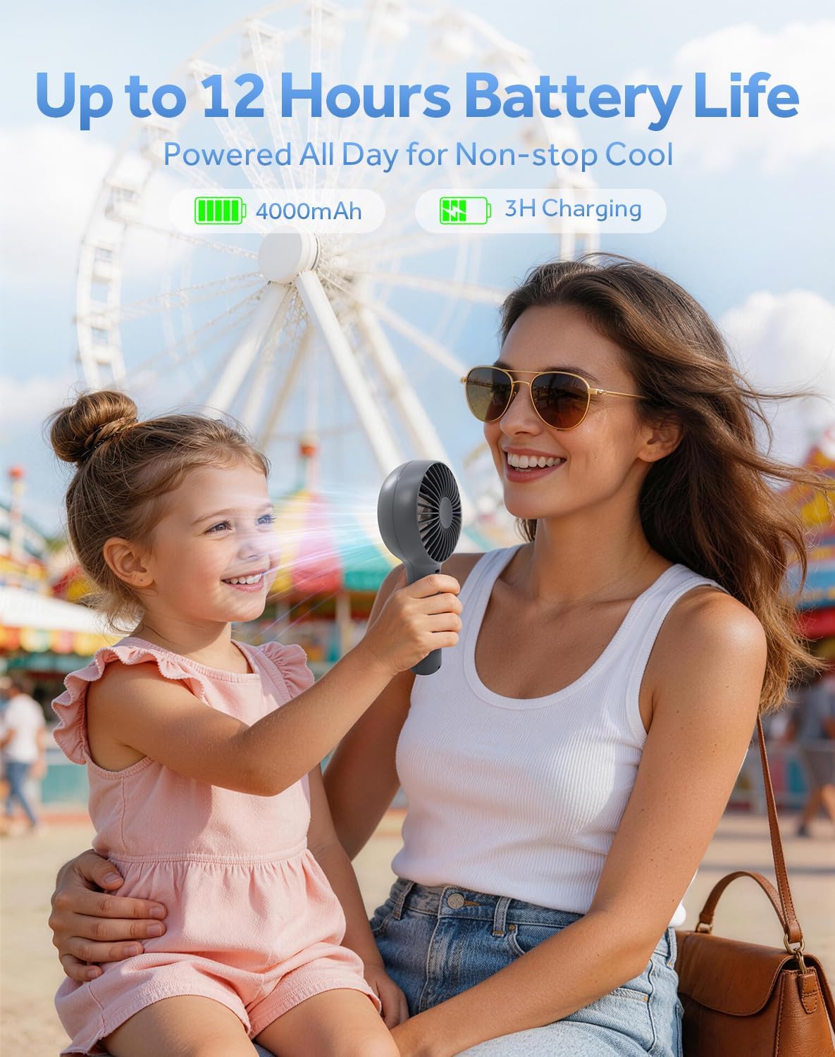 Portable Handheld Fan Rechargeable Personal Fan and Desktop with Base,5 Gear Wind, 4000mAh Battery, LED Display, Small Handheld Fans for Travel, Office, Concerts, Makeup, Eyelash, Beach, Summer Gift image 5