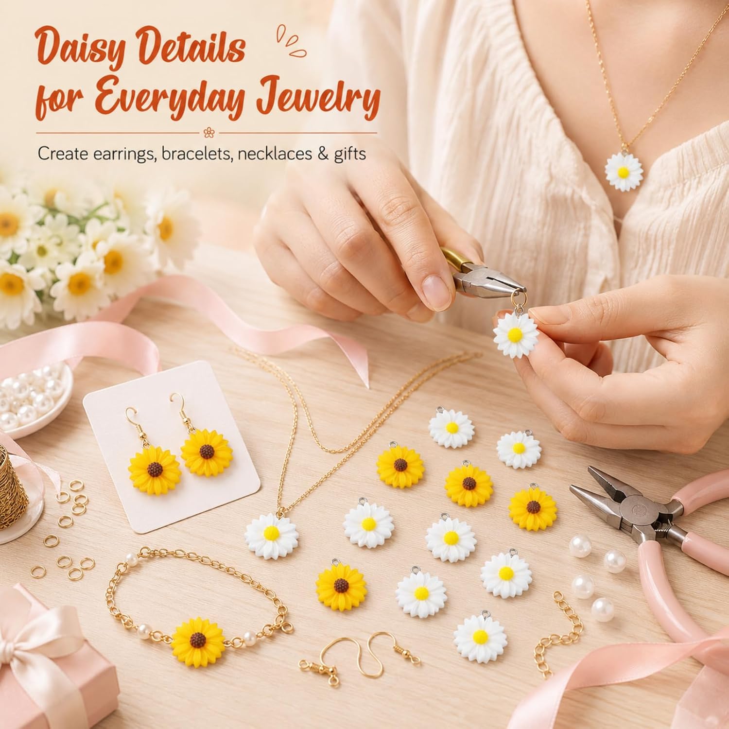 jojofuny 20 pcs Daisy Charms for Jewelry Making Resin Flower Charms with Metal Loop Mini Pendant Beads for Earrings Bracelets Necklaces Diy Crafts image 3