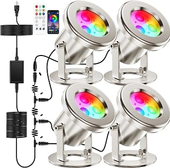 All in One 6W RGB Pond Lights Kit with APP & 12V Transformer, 51FT, 4Pack