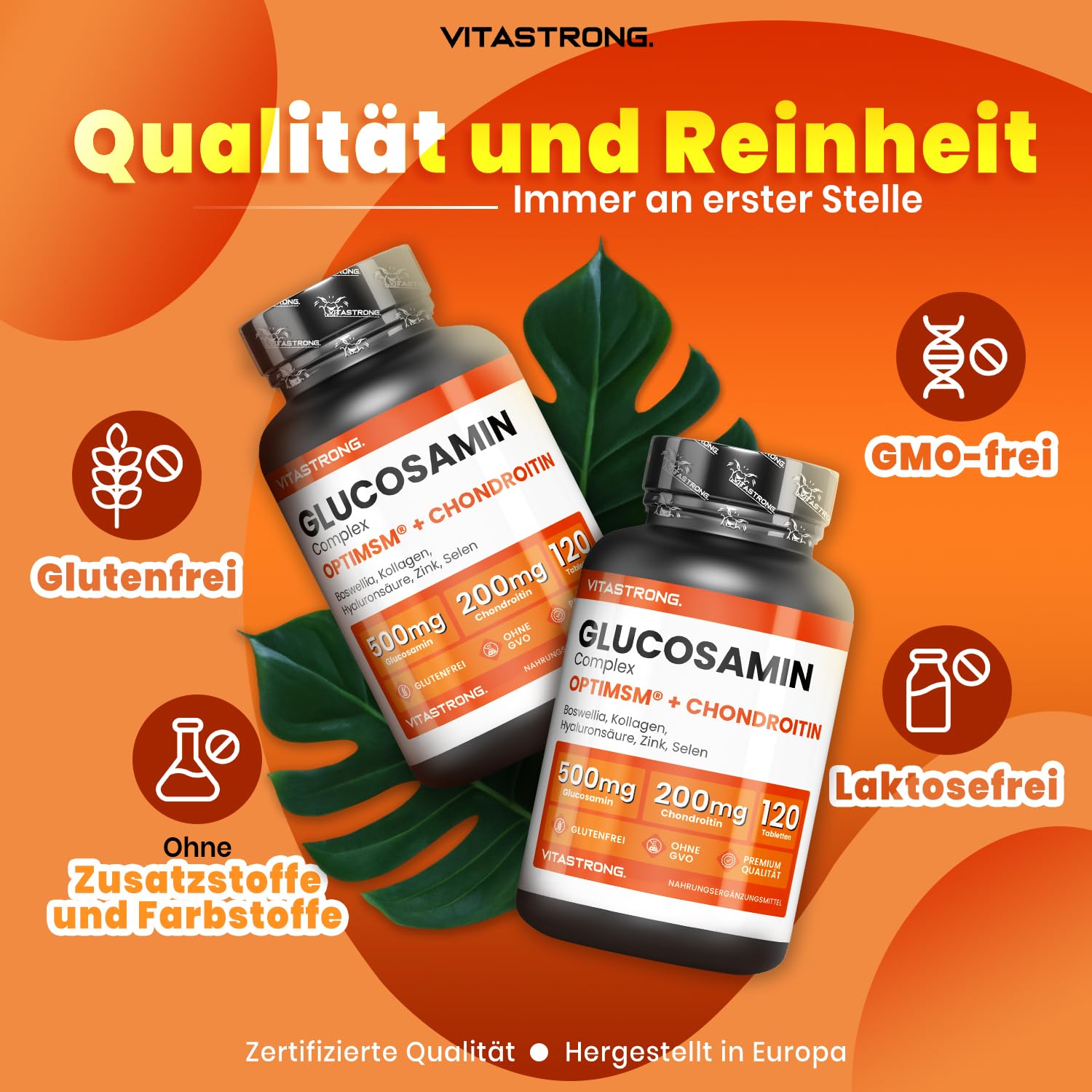Vitastrong Glucosamin Chondroitin MSM Komplex mit Kollagen, Hyaluronsäure, Zink, Selen, Mangan & Boswellia, 120 Tabletten, Premium Gelenk, Knochen- & Knorpel-Formel, Glutenfrei & Ohne Gentechnik