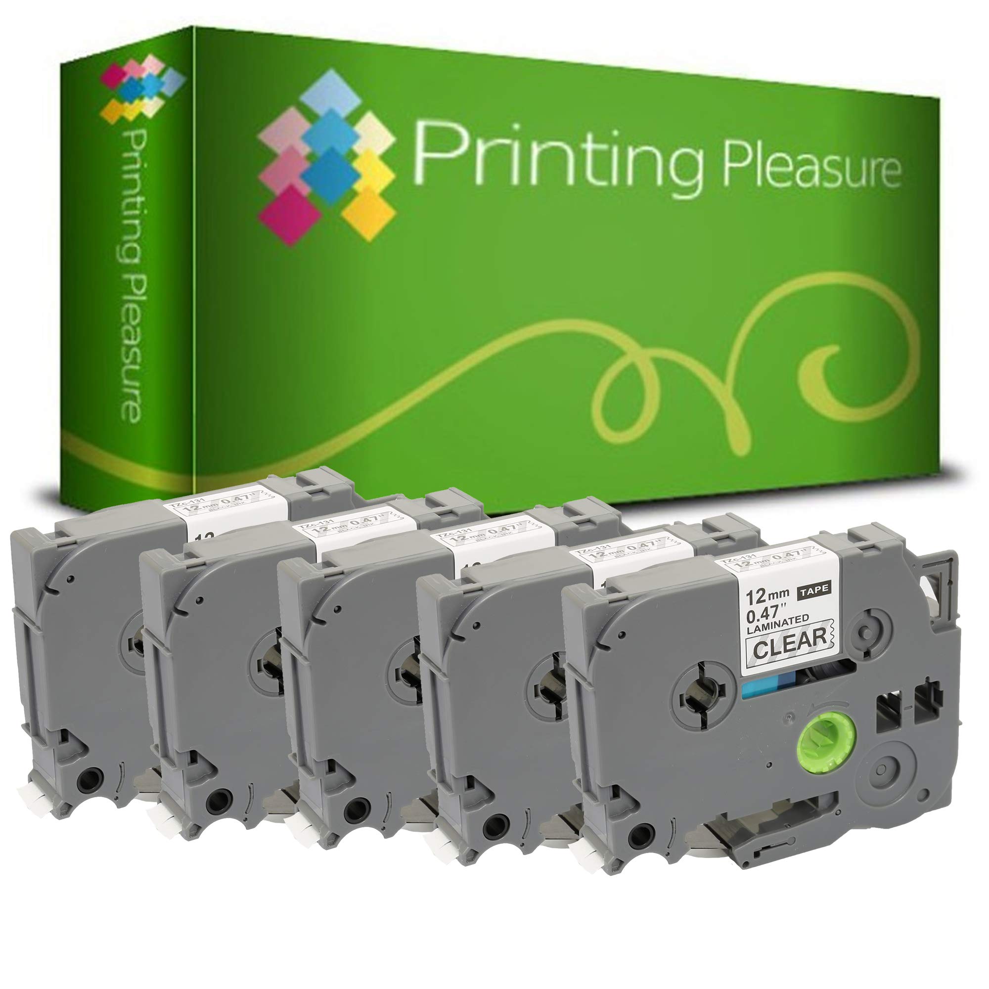 Printing Pleasure 5 x TZe-131 TZ-131 Black on Clear Label Tapes compatible with P-Touch Label Printing Machines | 12mm x 8m