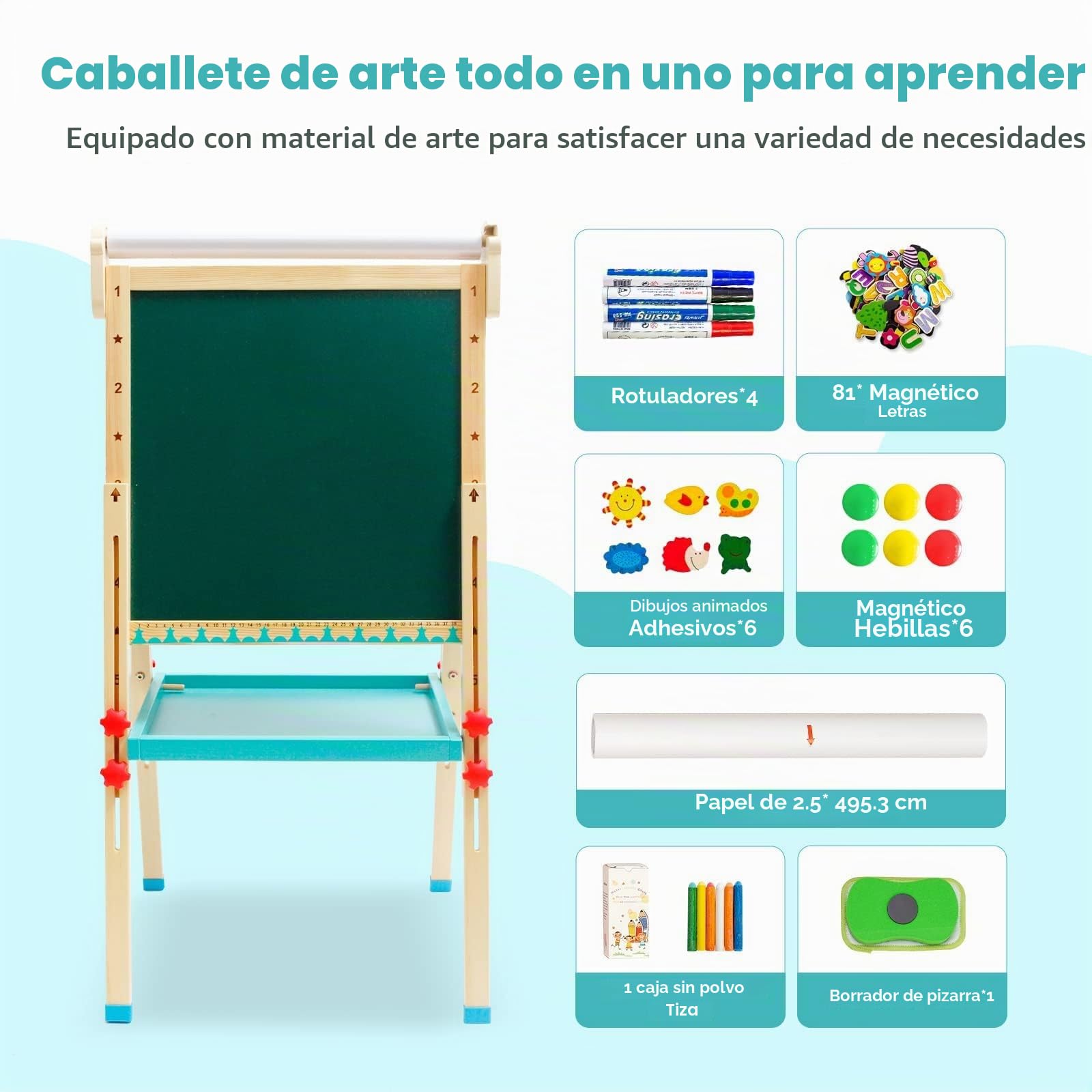 Caballete para Niños, Caballete de Arte de Madera con Altura Ajustable con Rollo de Papel, Bandeja de Almacenamiento y Otros Accesorios, Pizarra y Pizarra Independiente para Niños y Jóvenes