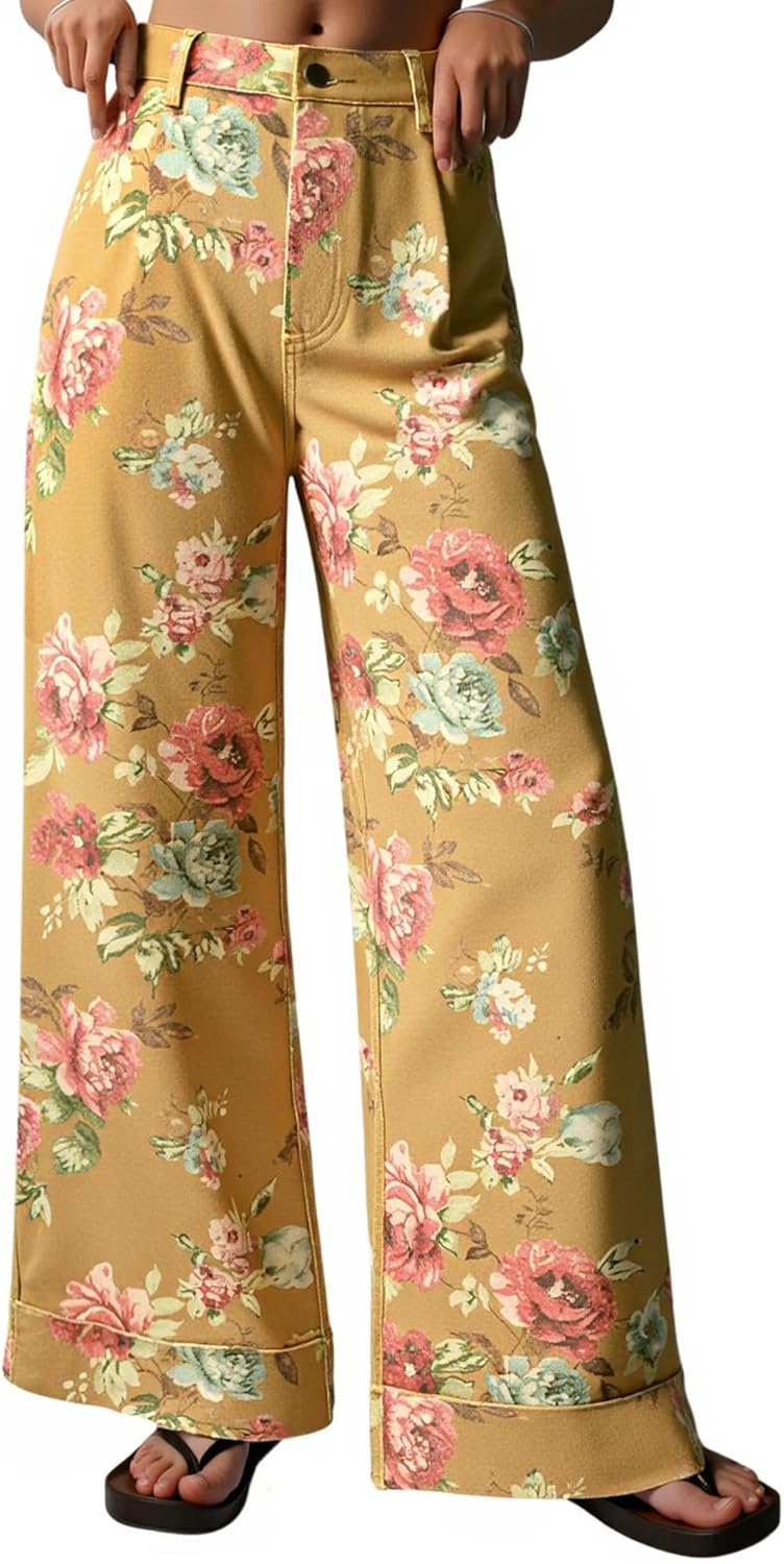 Cicy Bell Women's Floral Baggy Wide Leg Jeans Casual High Waisted Boyfriend Vintage Boho Denim Pants with Pockets