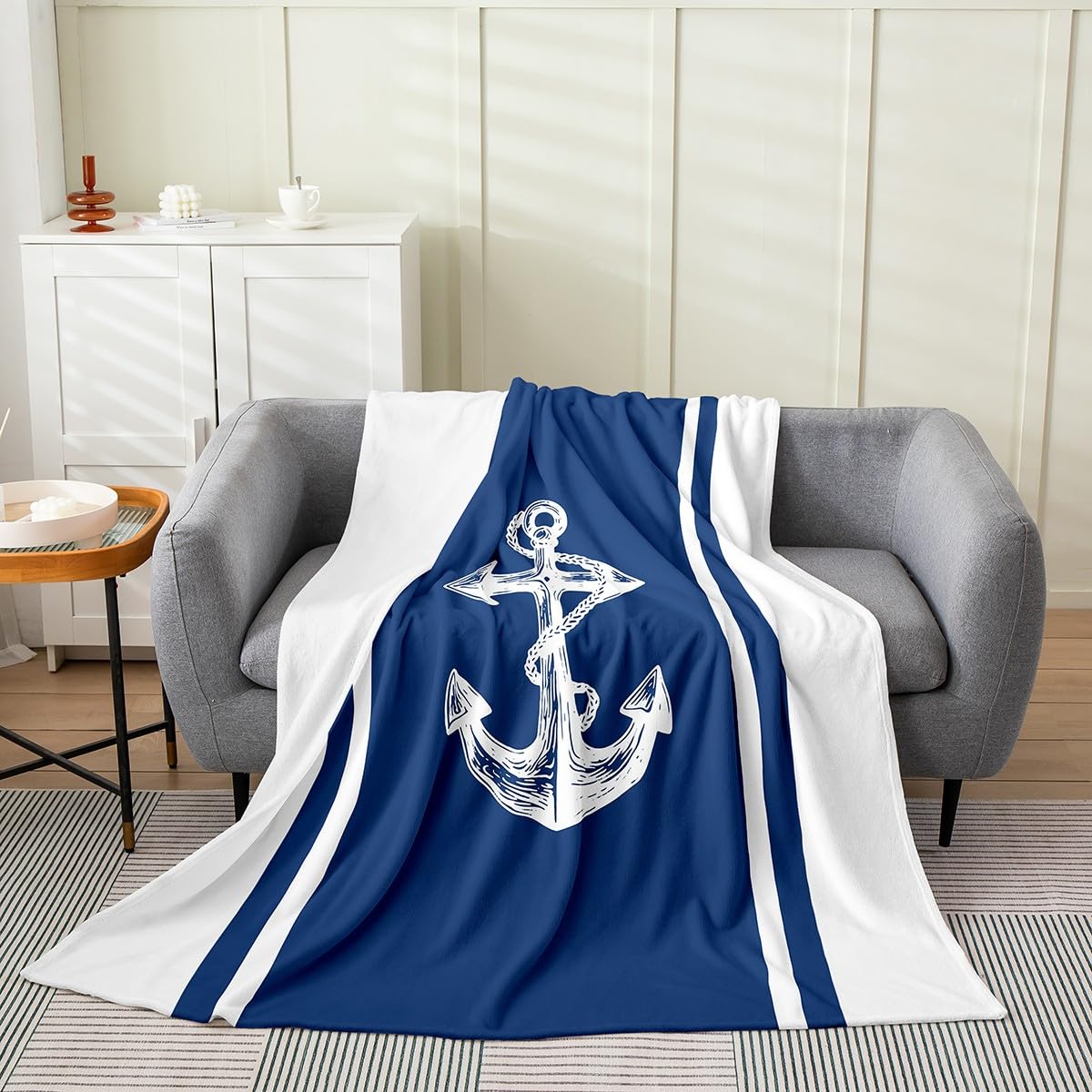 Feelyou Anchor Decor Stripes Blue White Flannel Fleece Throw Blanket 40"x50" Ocean All Season Bed Blanket for Sofa Couch Nautical Themed Fuzzy Blanket