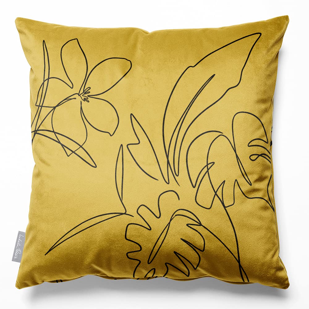 Izabela Peters Mustard Ochre Cushions With Covers Included, Filled Cushion, Eco-Friendly Velvet Cushions, 45 Cm, Palms & Leaves - Chair Cushions, Sofa Cushions, Seat Cushions