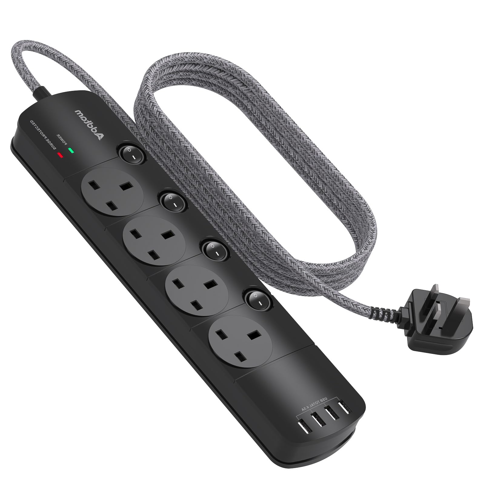 Addtam 5M Extension Lead, Power Strip with 4 AC Outlets & 4 USB Ports, 1050J Surge Protection, Braided Cord, Individual Switches, Multi Plug Extension Lead for Home and Office Use Black