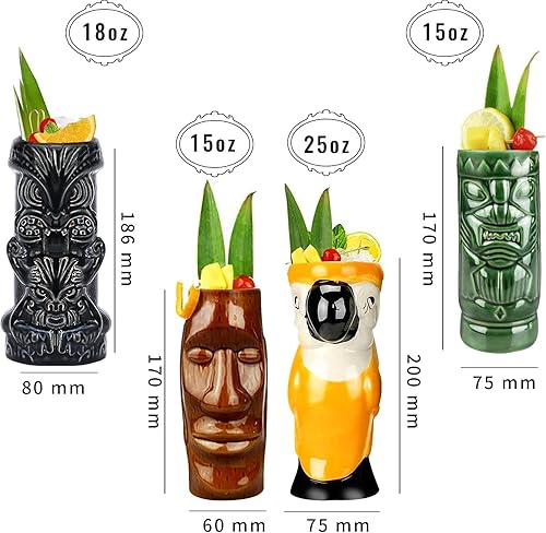 Miniatura 2 de Tiki Mugs - Juego de 4 tazas de cóctel de cerámica hawaiana Luau para fiesta, vasos de cóctel exóticos, Tiki Bar profesional hawaiano para fiestas,