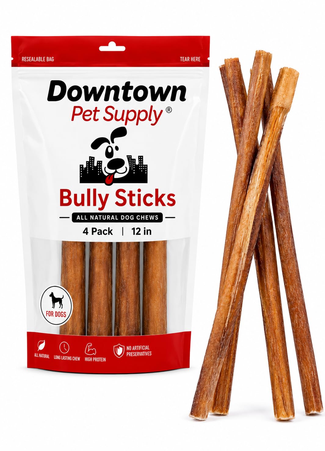 Downtown Pet Supply 12-inch Bully Sticks for Large Dogs, Pack of 4 - Single Ingredient, Rawhide Free Dog Chews for Aggressive Chewers - Nutrient-Rich and Odor Free Bully Sticks for Dogs
