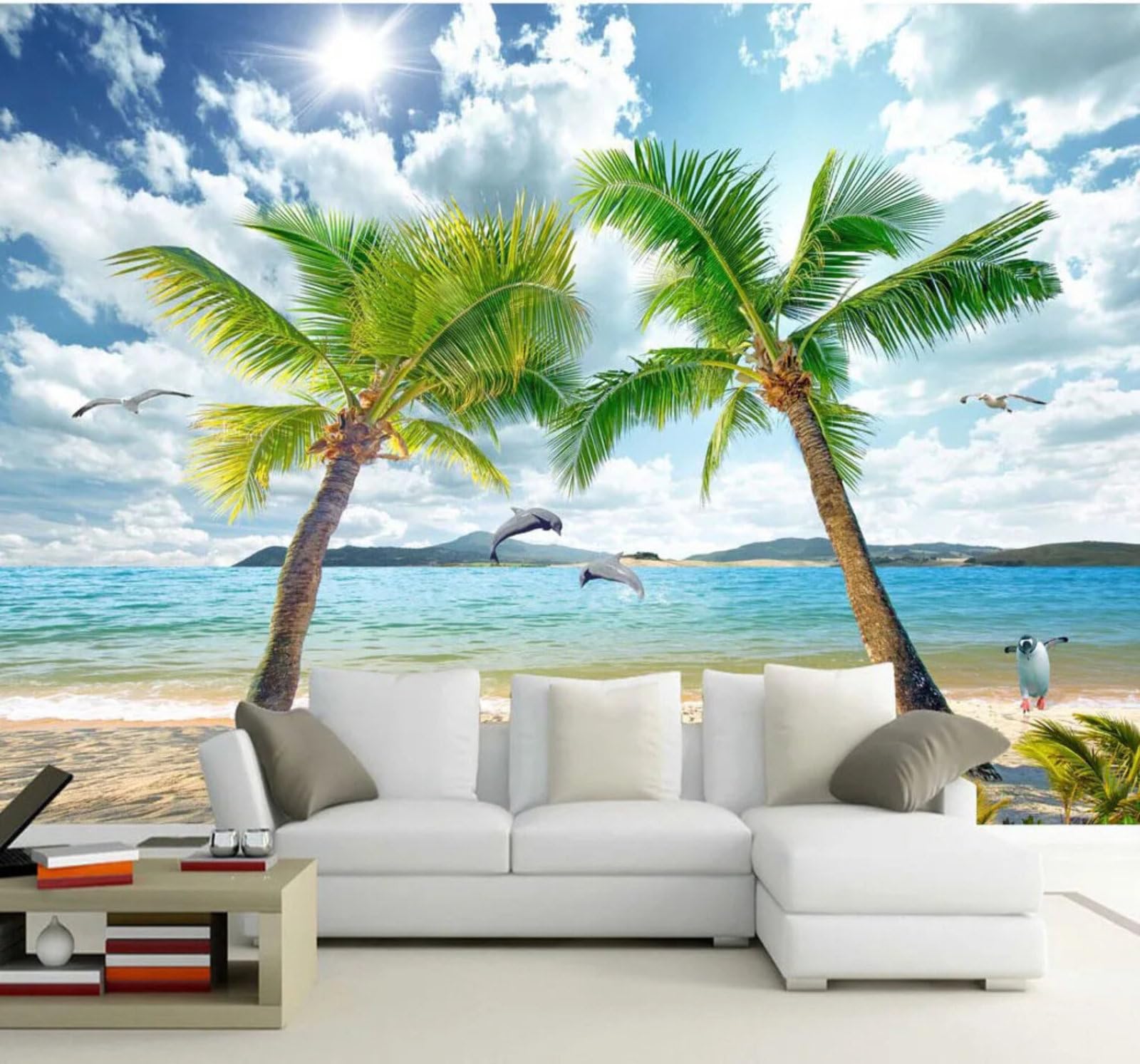 Wallpaper-3D-Xlm 430Cm×300Cm(B×H) Fresh Ocean Beach Nature Coconut Tree 3D Wallpaper Easy Install Feature Office Living Room Sofa Bedroom Tv Background Wall Decoration-430Cm×300Cm