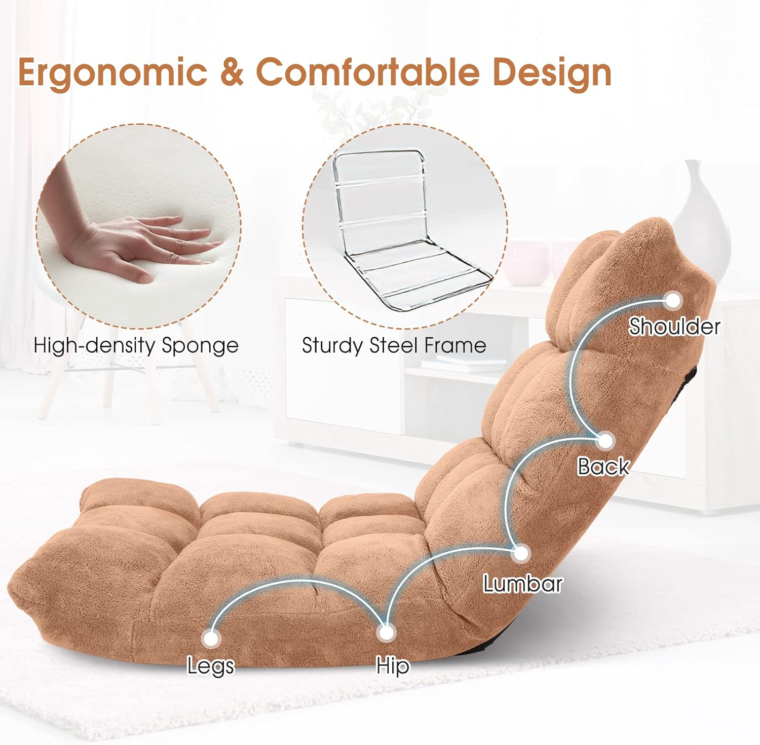 14-Position Adjustable Floor Chair, Modern Style Gaming Sofa Chair with Back Support, Padded Floor Gaming Chair for Adults, Sleeper Lounge Couch Recliner for Reading, Meditation (Beige)