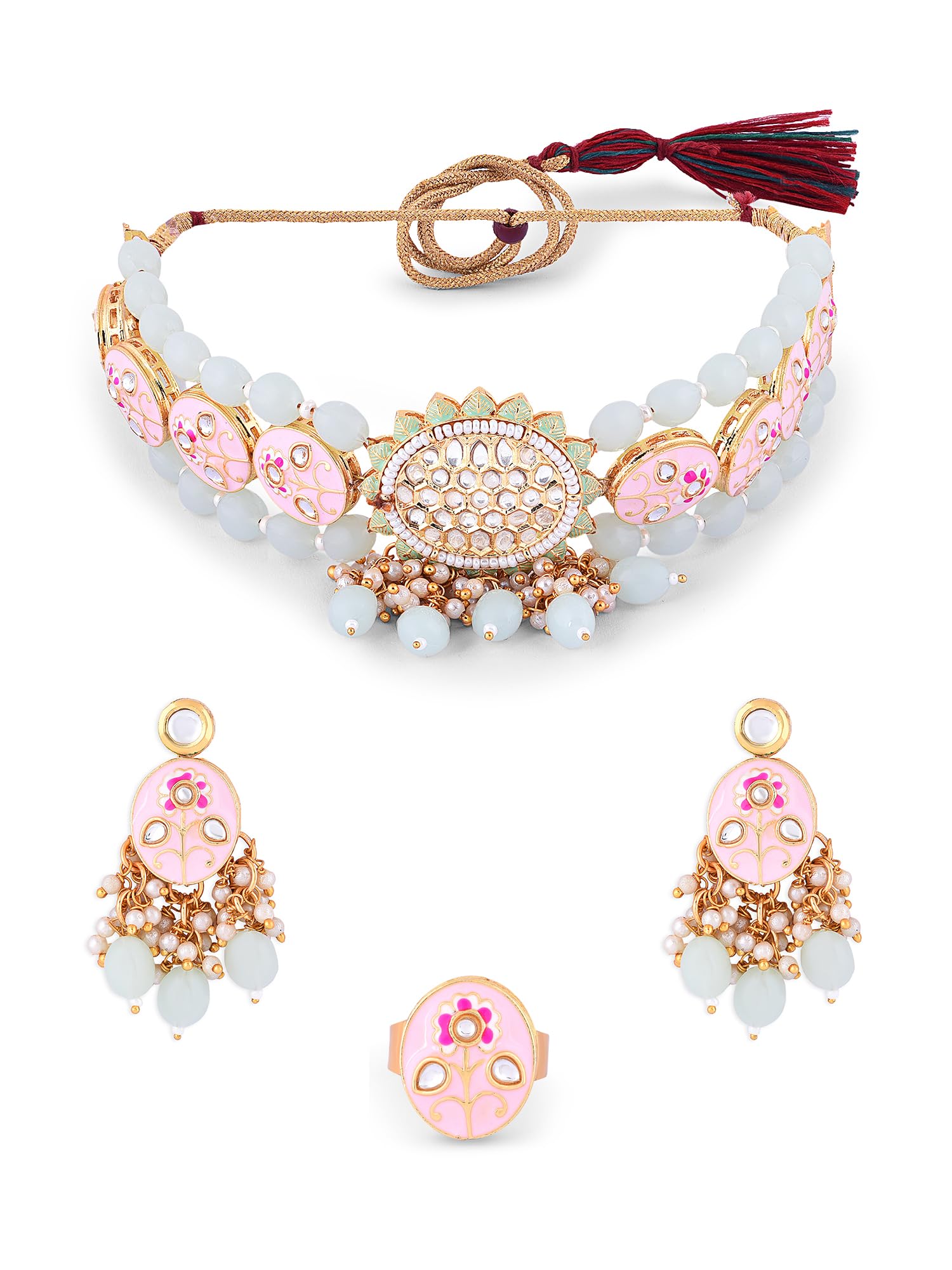 ZAVERI PEARLS Pink Meenakari Green Multistrand Kundan Choker Necklace Earring & Ring Set For Women -ZPFK16238 (B0CGHV5FKF) Amazon Price History, Amazon Price Tracker