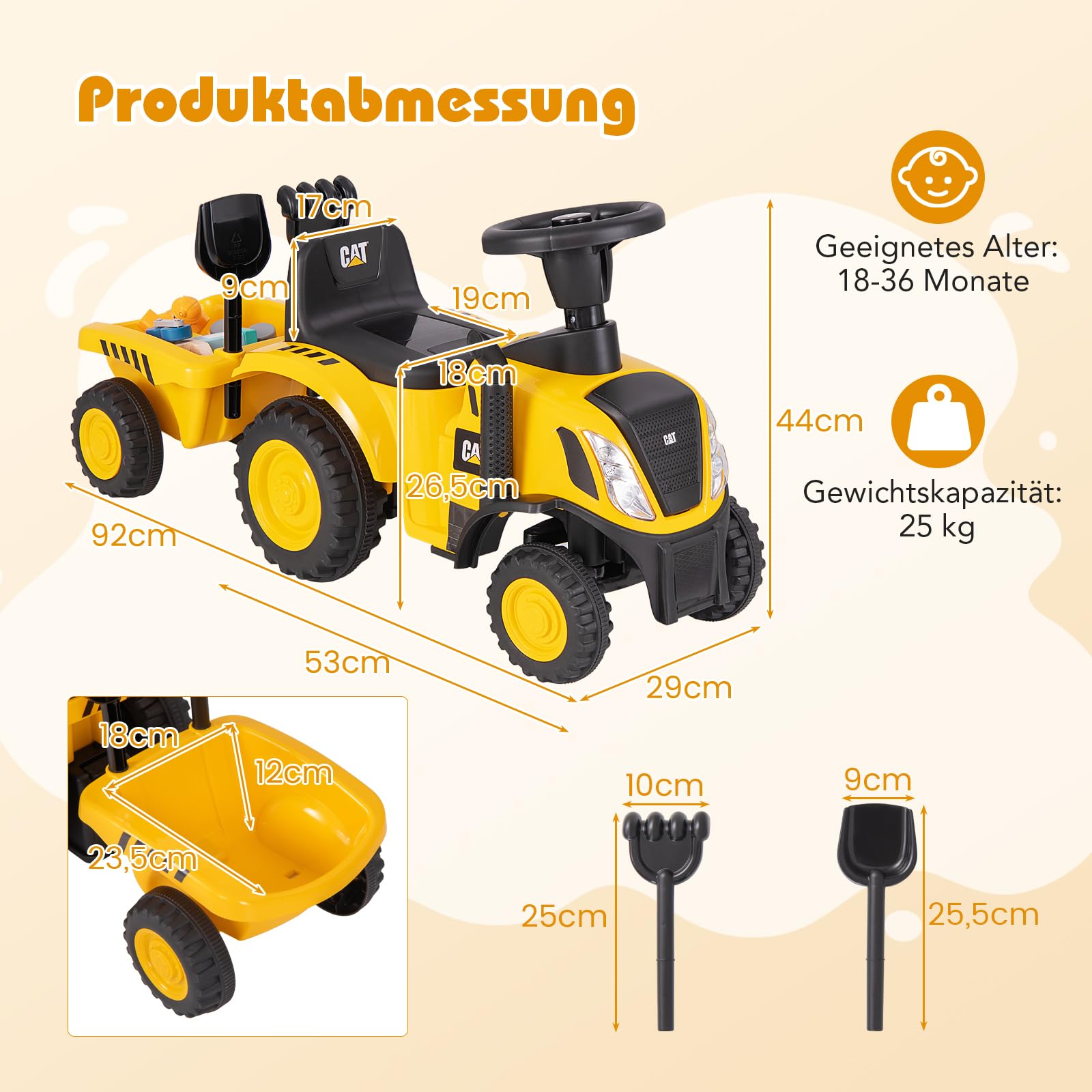 GOPLUS Kinder Rutschtraktor, Rutschauto mit abnehmbarem Anhänger, Hupe, Motorgeräuschen, LED-Leuchten, Rutscher Traktor ohne Antrieb mit Rechen & Schaufel für Kinder ab 1 Jahr