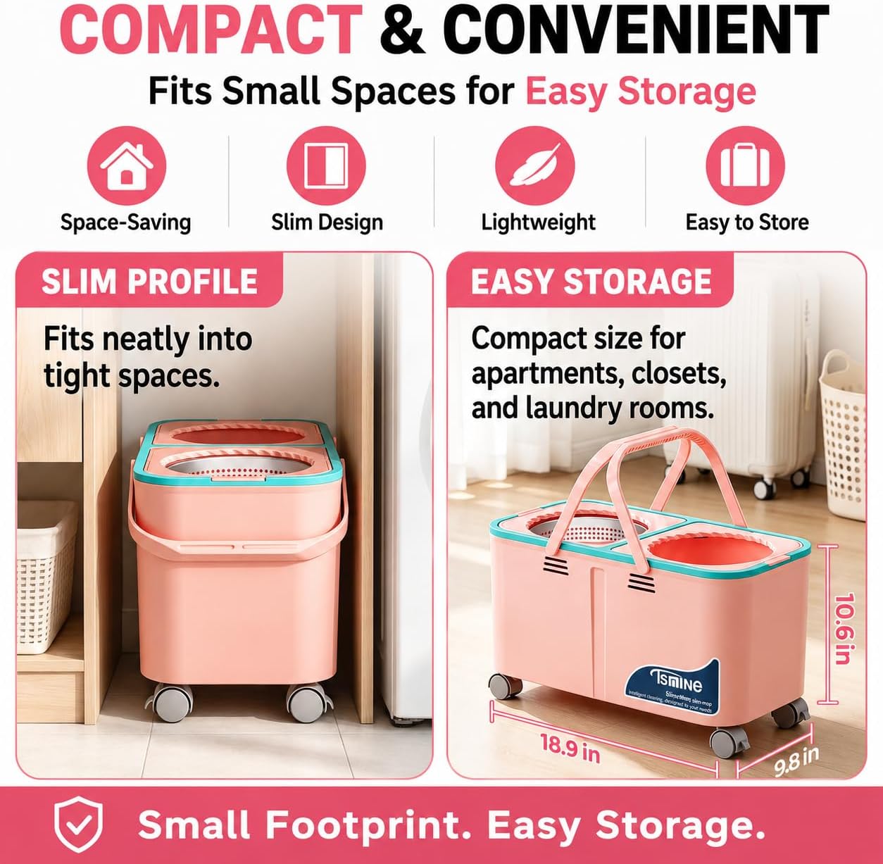 RinseWise Easy-Use Gen 2 Spin Mop and Bucket for Pet & Family Homes, Shower-Style Rinse, Clean & Dirty Water Separation, 1.5 Gal Clean Water Capacity, 4 Swivel Wheels, 61" Handle, 6 Mop Heads - Pink