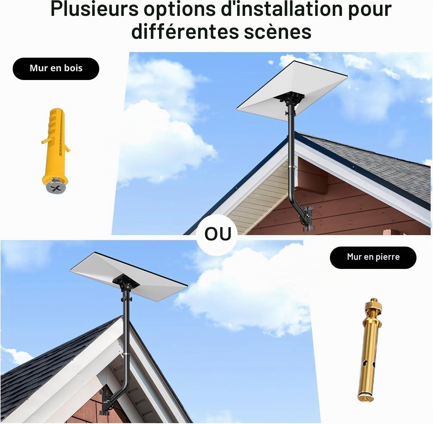 Support universel réglable pour antenne TV, mât en fer peint (1,38" x 24") - Montage mural, Gronde ou toit, Bracket Pivot résistant avec matériel inclus, noir