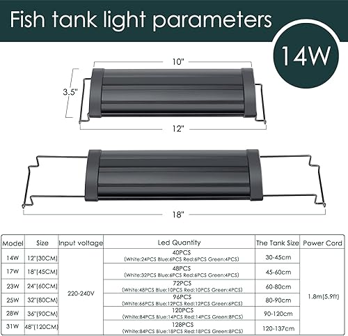 Miniatura 7 de AQQA Luz de acuario, luces LED de espectro completo, luces LED ajustables de 12 a 54 pulgadas, multicolor, blanco, azul, rojo, verde, con soportes