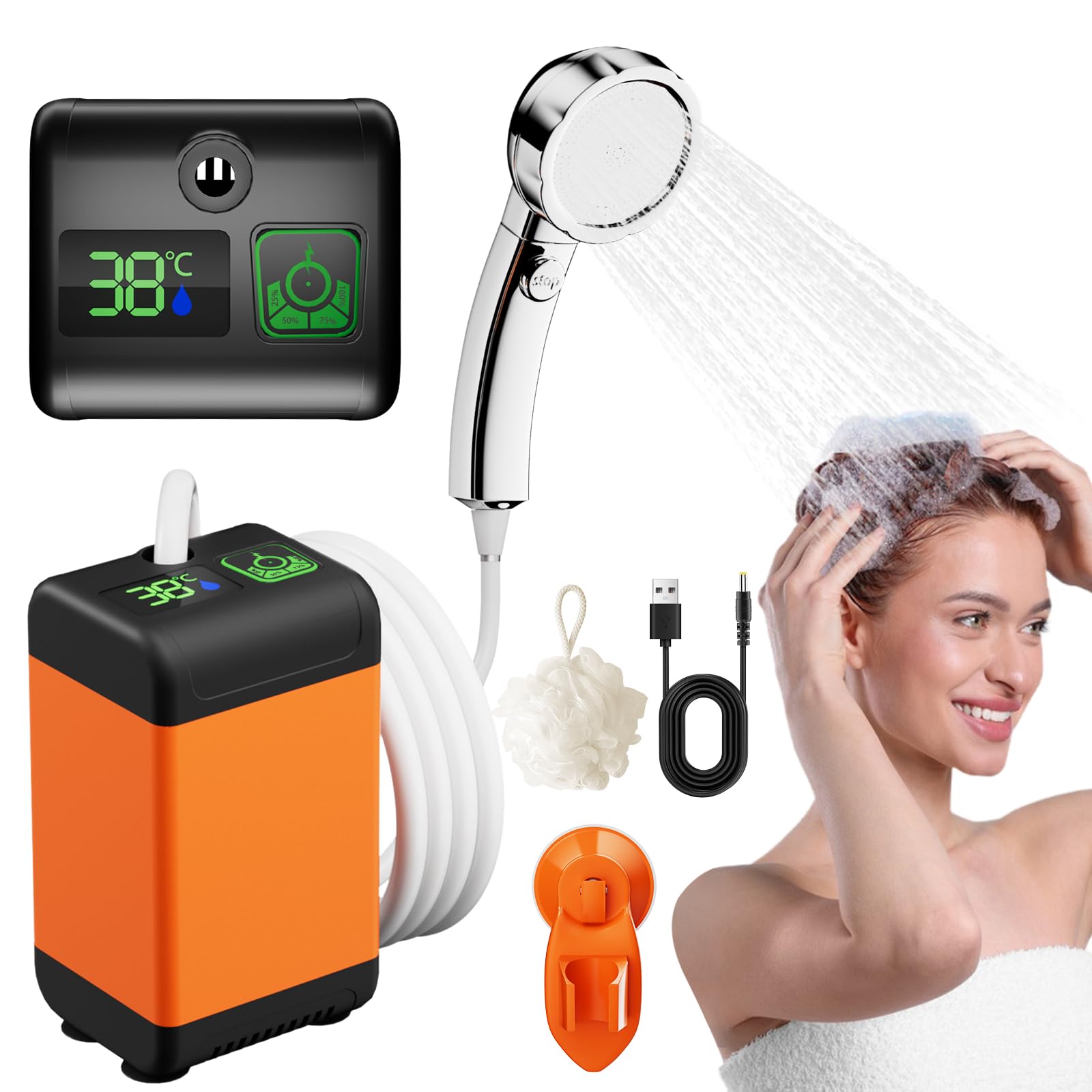 Suewidfay Doccia Portatile Campeggio, 7600mah Doccia da Campeggio con Tubo Flessibile da 6,5 Piedi con Display Intelligente,180 Minuti Doccia Campeggio per Giardino, Lavaggio Auto, Bagno per Animali