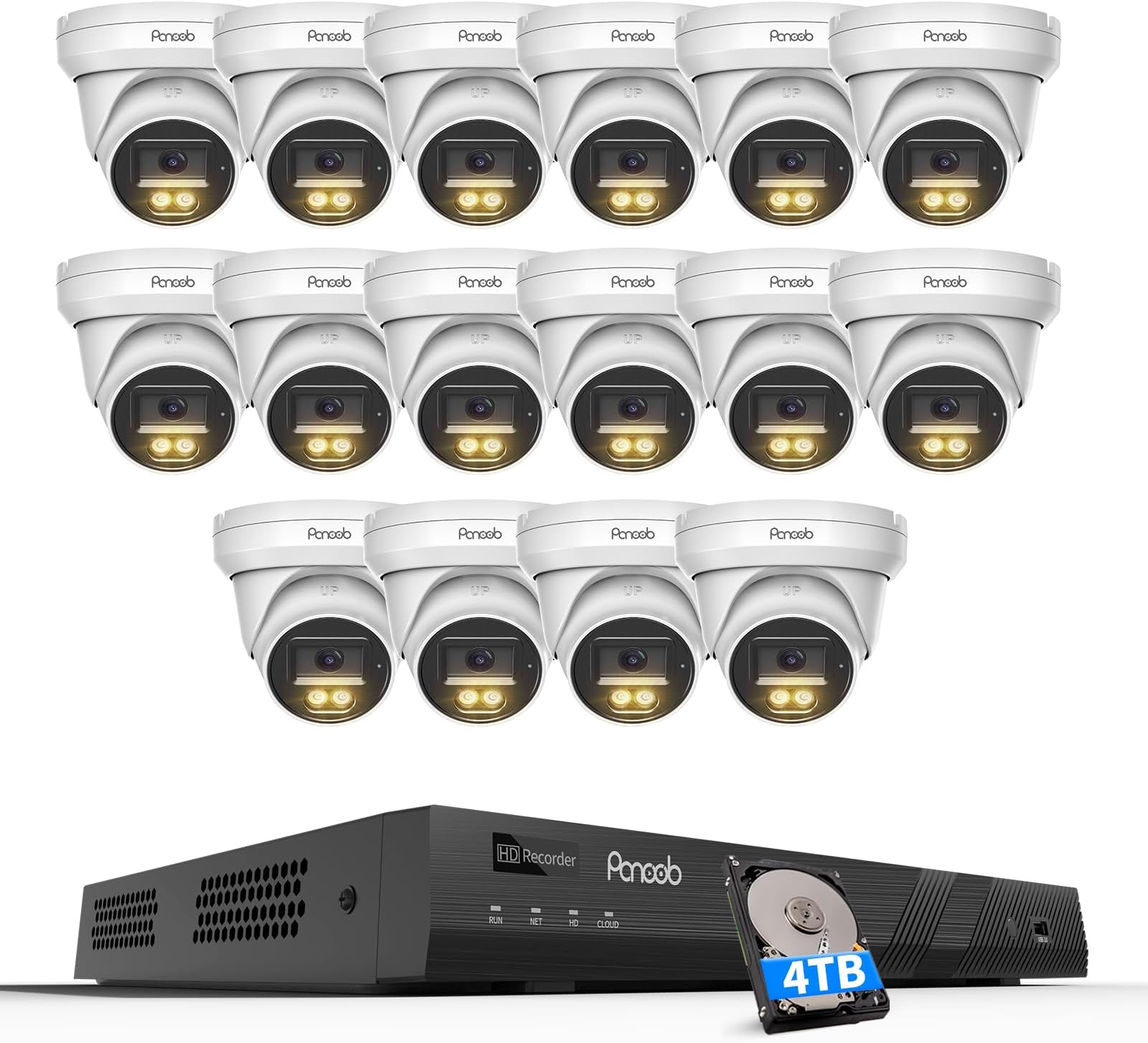 PANOOB16 Channel Security Camera System 4K PoE, 16x 8MP Wired IP PoE Dome Camera, Spotlight Color Night Vision, Human Vehicle Detection,1-Way Audio Remote Access, 4K 16CH NVR 4TB HDD, PD93BA1616-8MD
