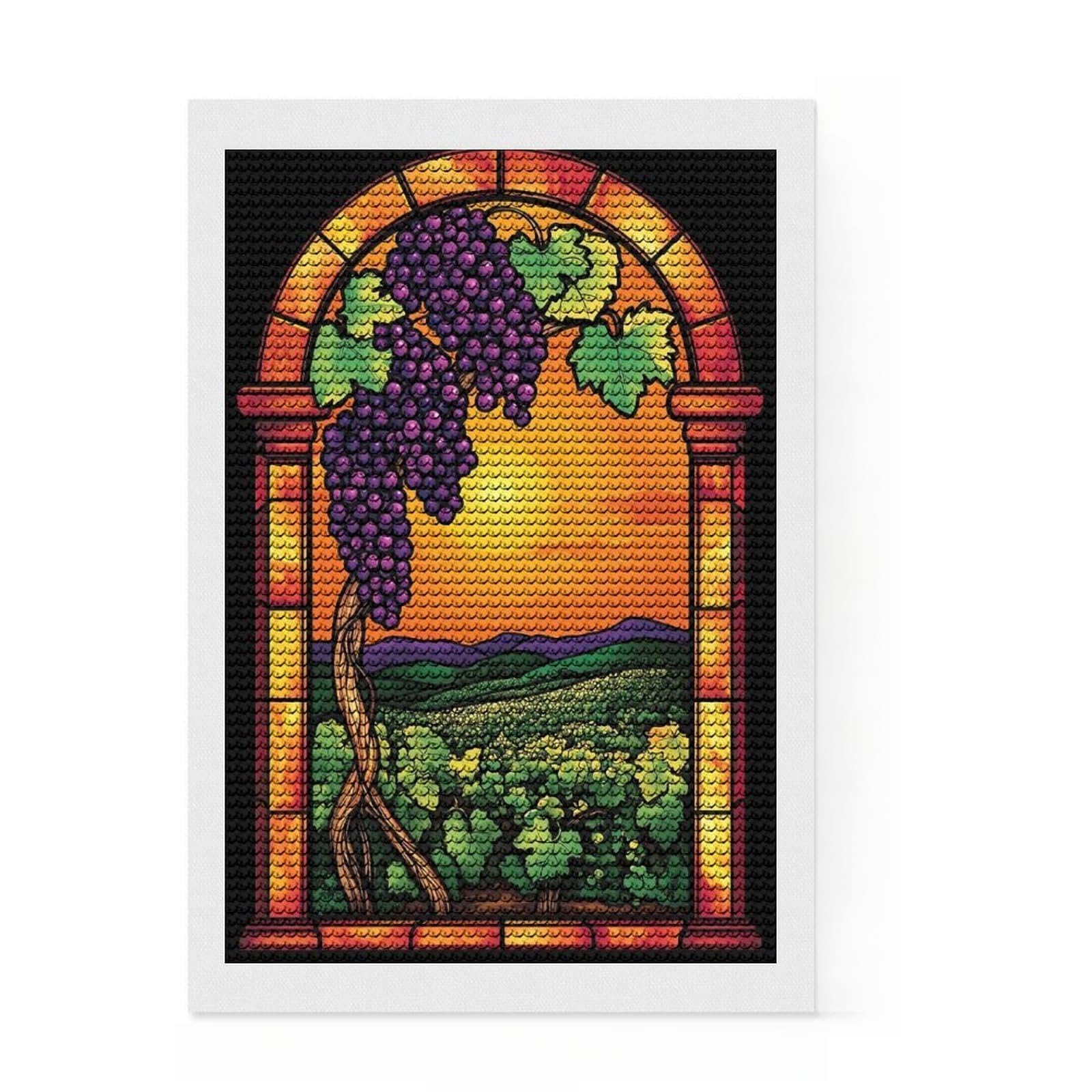 Junmoney Vineyard Sunset Stained Glass Diamond Art Canvas 8"x12", with Tool Kit, Office Decor, for Craft Lovers, Festive Craft Gift, Printed Canvas