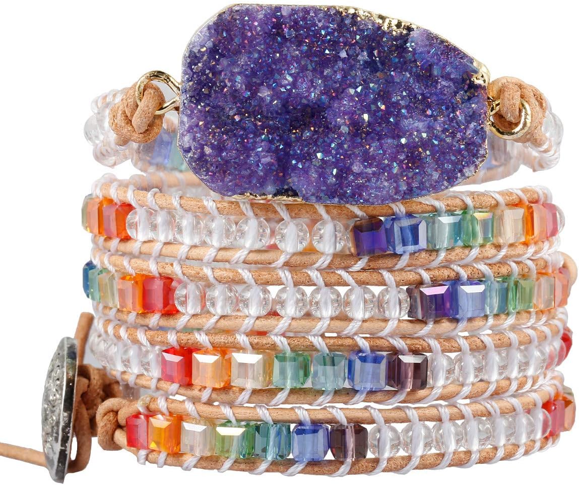 TUMBEELLUWA Wrap Bracelets Crystal Beaded Bohemian Style Druzy Leather Woven Healing Stone Jewelry for Women