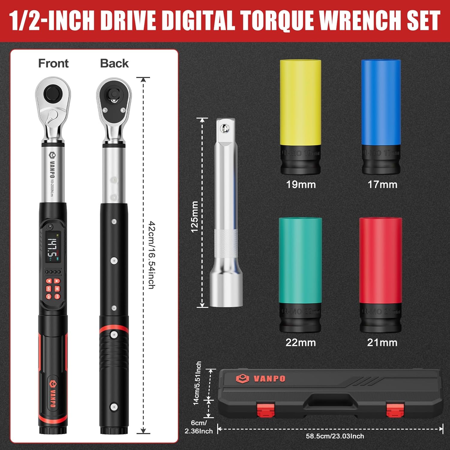 VANPO 1/2-Inch Digital Torque Wrench 7.38-147.5 ft.lb/10-200 N.m, Accuracy ±2% Electric Torque Wrench with 72-Tooth Ratchet, Vibration & Buzzer & LED Alert, for Car Tire Lug Nuts, Auto Repair