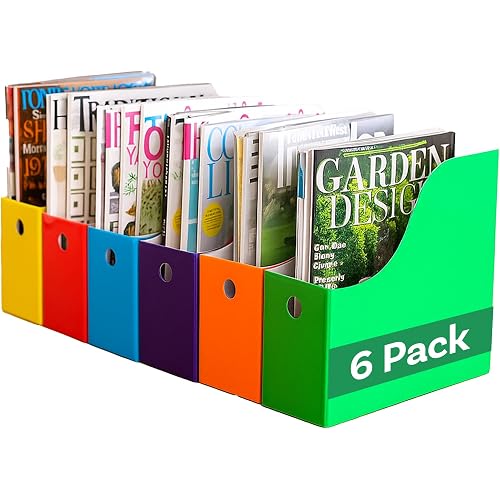 Evelots Magazine File Holder -Set of 6 Multi Color- Office Desk Organizer - Sturdy Cardboard - New Upgraded Double Front Panel -4" Wide-Easy Assemble