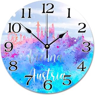 Austria Vienna Skyline Silhouette Wall Clock Colored Vienna Cityscape Wooden Wall Clocks Battery Operated 10 Inch Time Clock Wall Hanging Art Modern Home Decor for Home Kitchen School
