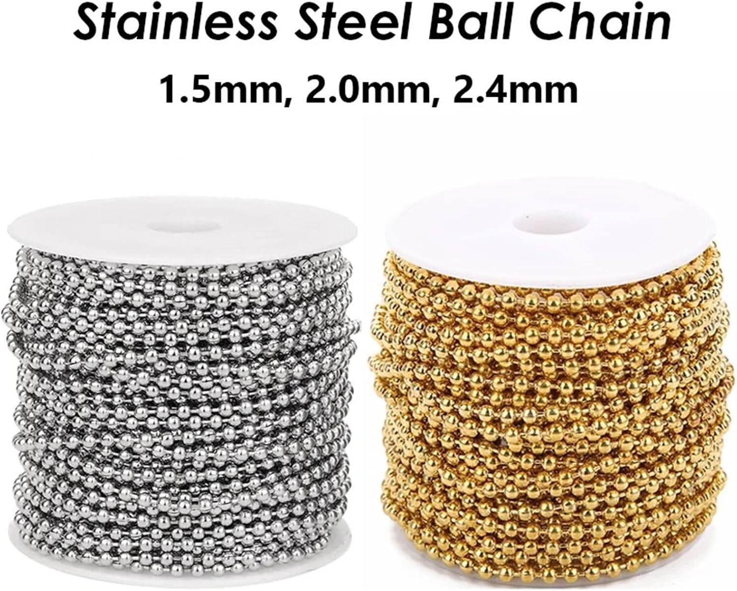 Ball chain, 20Meters Stainless Steel 1.5mm 2mm 2.4mm for Jewelry Making for(Gold,2.0mm)