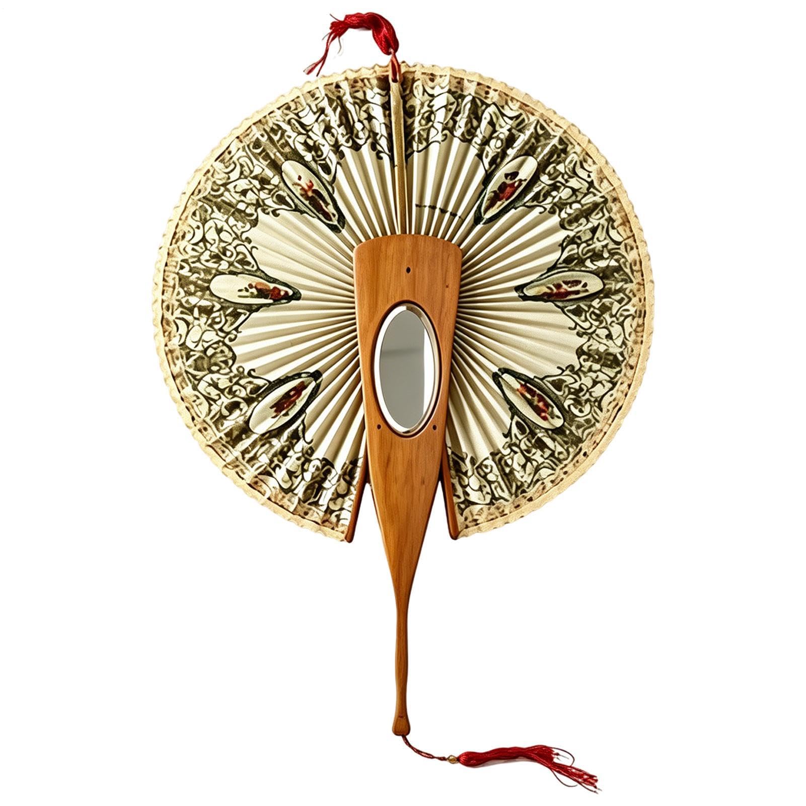 Miroir de maquillage ovale sur éventail rétro en dentelle et manche bois