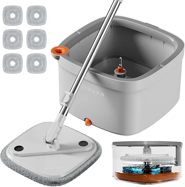 Mop and Bucket Set, Spin Mop with Self Seperates Dirty Water System, Square Mops for Floor Deep-Cleaning, 360 Rotating Mop Head for Hardwood Tile Marble, Versatile Mops for Walls (Mop Set with 6 Pads)