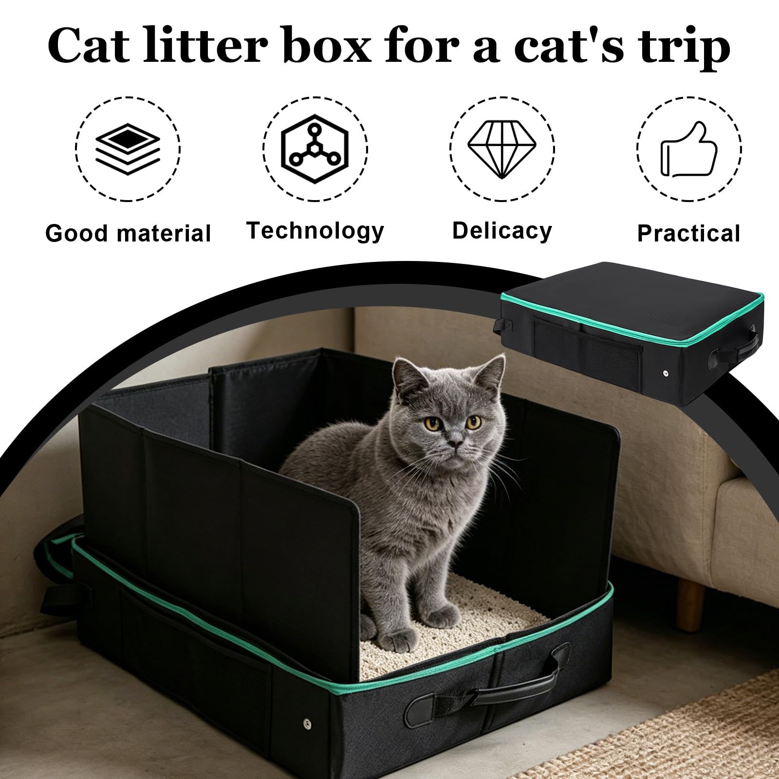 Bac À Litière De Voyage, Bac Litiere pour Chat Portable Et Pliable, Caisse Chat Litiere Et Portable, Litiere De Voyage en Tissu Oxford, Le Camping, Pliable, Étanche, 50 X 40 X 28 Cm,Noir