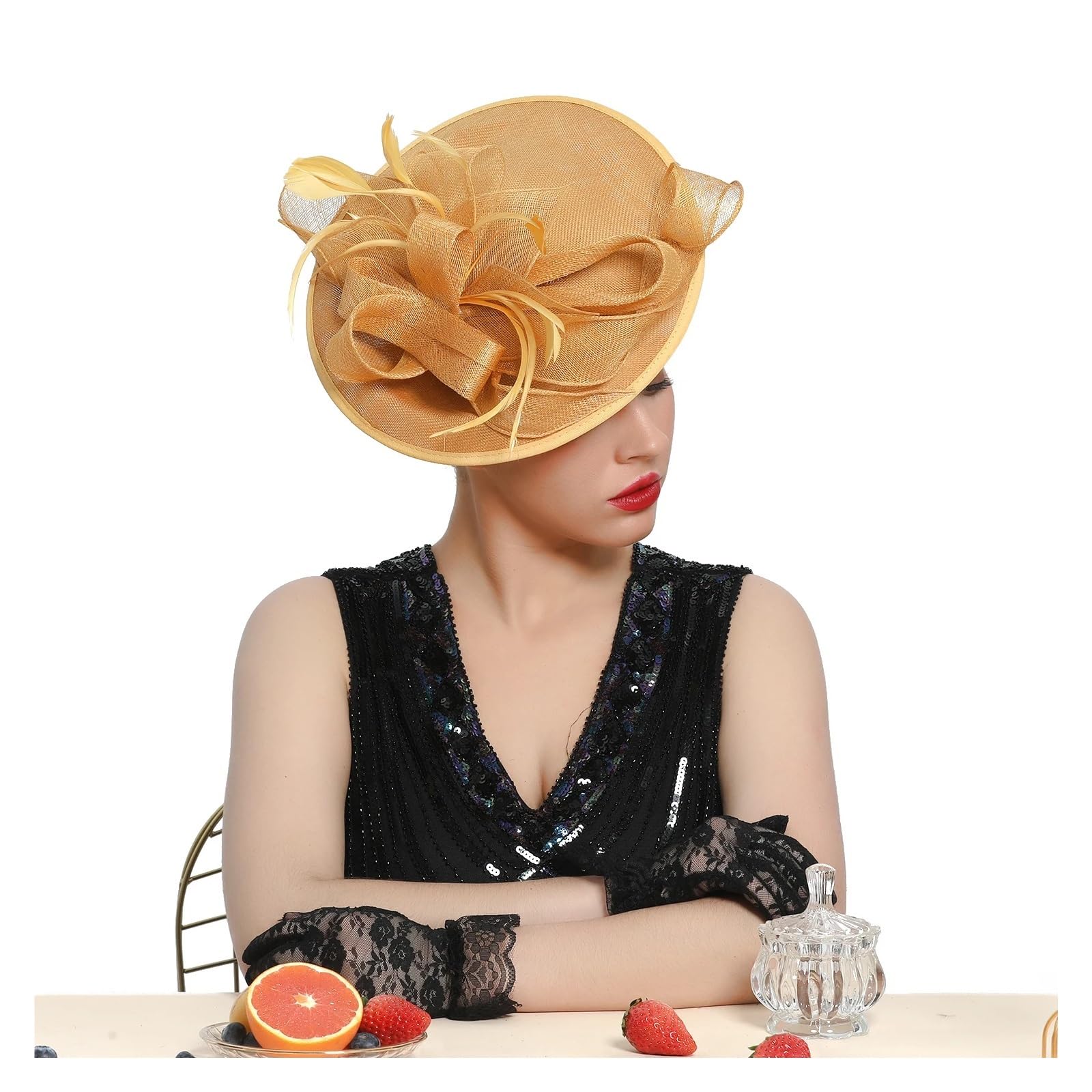 Cappello da Sposa Grande Cappello da Cerimonia Sinamay, Multicolore, Elegante Copricapo Floreale for Feste tè, a Cilindro Donna, Chiesa(Gold)