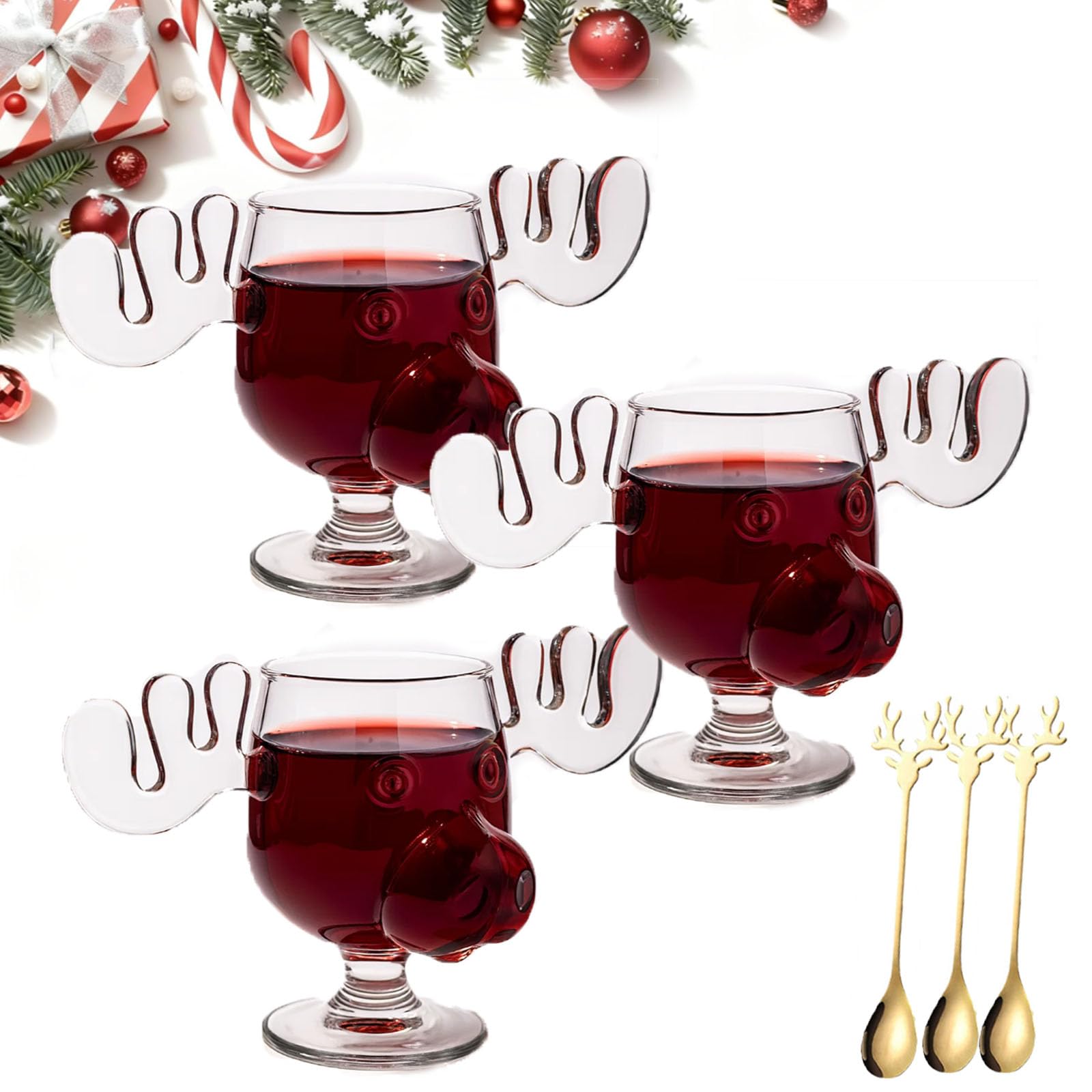 Generisch Elchgläser Set – Weihnachtsgläser 300ml Hoch & Niedrig, Moose Christmas Glass, Elk Glasses Christmas Mug, Eierlikör Gläser für Winterdrinks (3 PC Kurzstielglas)