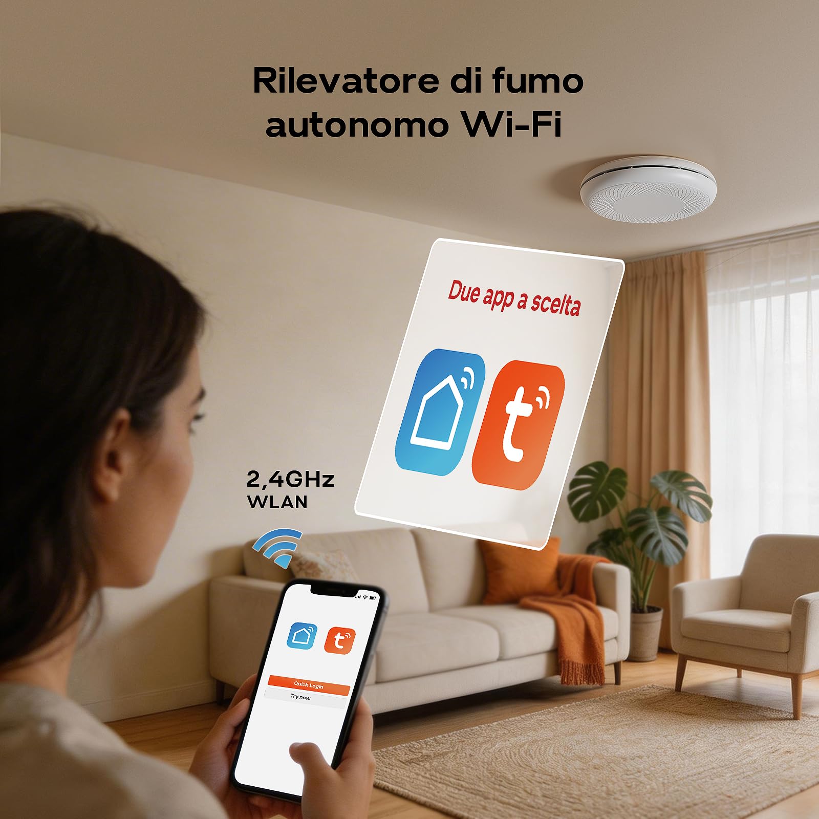 Safeliveo Rilevatore di fumo WiFi con batteria da 10 anni, notifiche tramite app e auto-test, allarme antincendio intelligente compatibile con Tuya & Smart Life, 3 pezzo