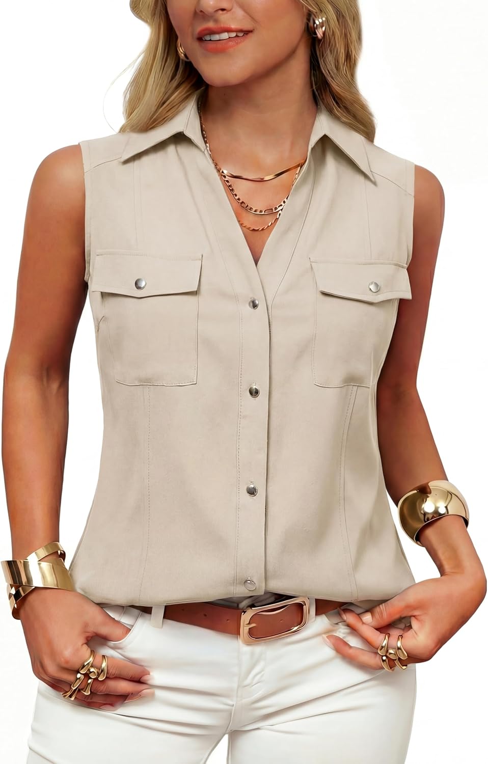 GRACE KARIN Women Sleeveless Button Down Shirts, Summer Solid Dressy Casual Blouse, V Neck Tank Top Business Work 2026 Trendy